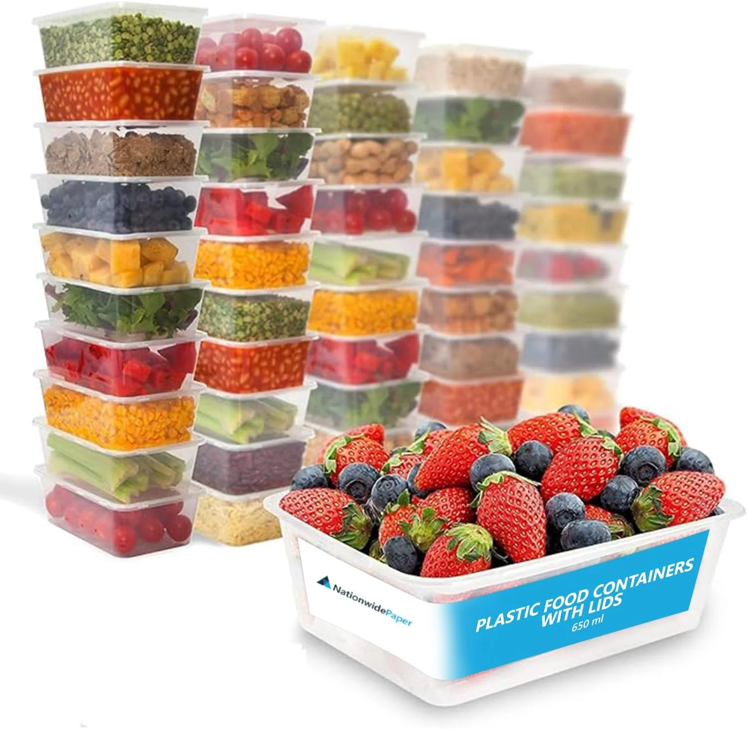 ظروف غذای پلاستیکی 1000 میلی لیتری نشن واید پیپر، 50 عددی، ظروف مستطیلی بیرون بر برای آماده سازی غذا، قابل استفاده در مایکروویو و فریزر، بدون BPA