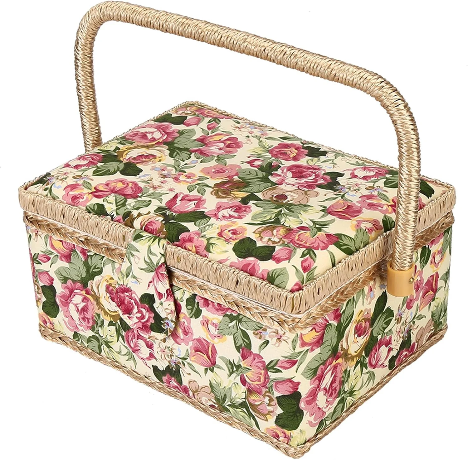 Marhynchus Sewing Basket with Wood Frame and Polyester Fabric Household Storage Box Organizer with 260° Flexible Handle Inside Pocket for Needle Thread Handwork (Pastoral roses)