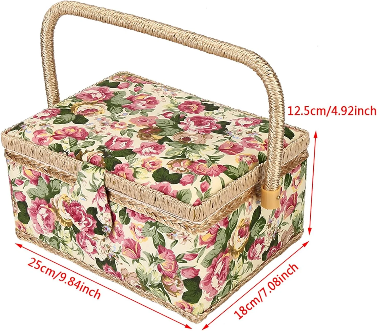 Marhynchus Sewing Basket with Wood Frame and Polyester Fabric Household Storage Box Organizer with 260° Flexible Handle Inside Pocket for Needle Thread Handwork (Pastoral roses)
