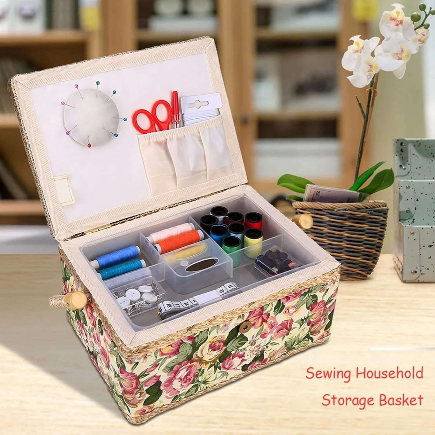 Marhynchus Sewing Basket with Wood Frame and Polyester Fabric Household Storage Box Organizer with 260° Flexible Handle Inside Pocket for Needle Thread Handwork (Pastoral roses)