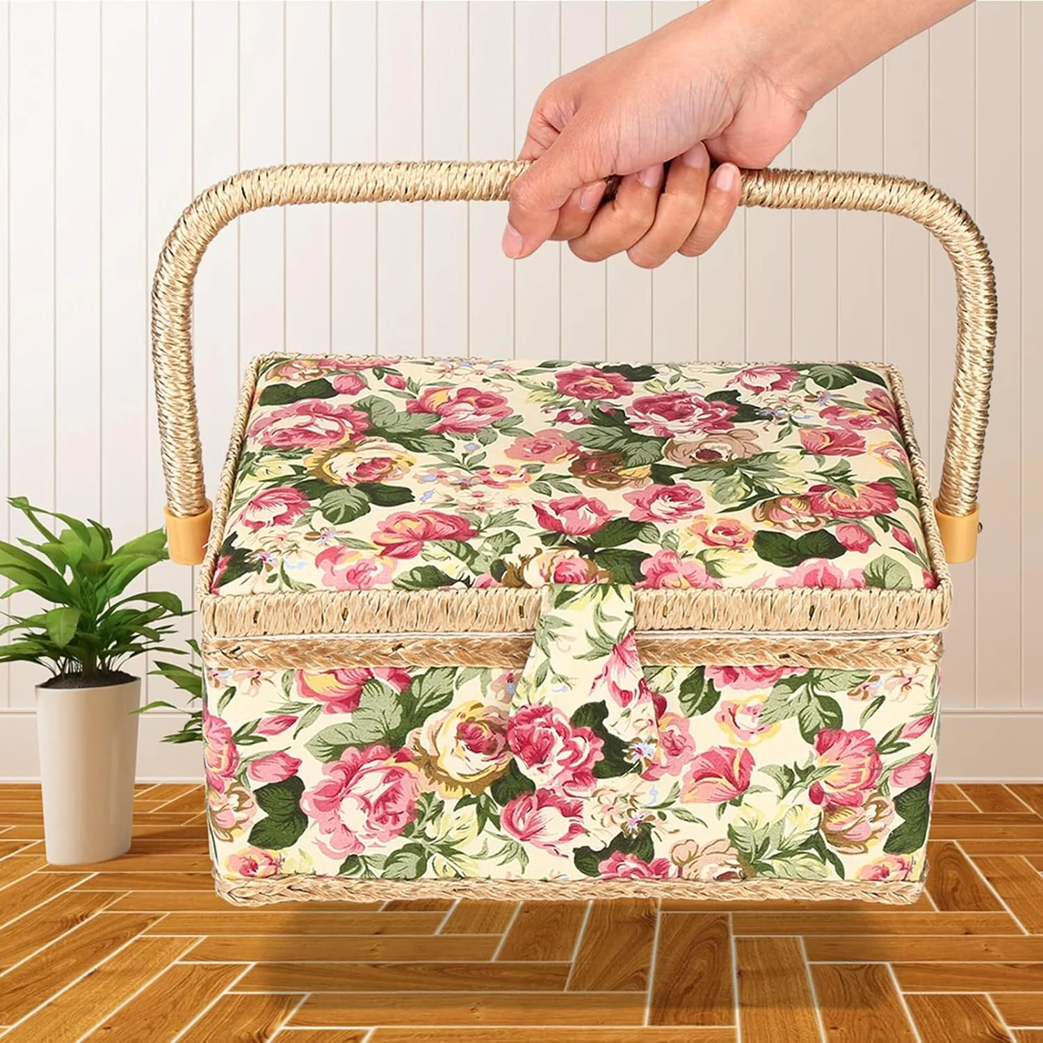 Marhynchus Sewing Basket with Wood Frame and Polyester Fabric Household Storage Box Organizer with 260° Flexible Handle Inside Pocket for Needle Thread Handwork (Pastoral roses)