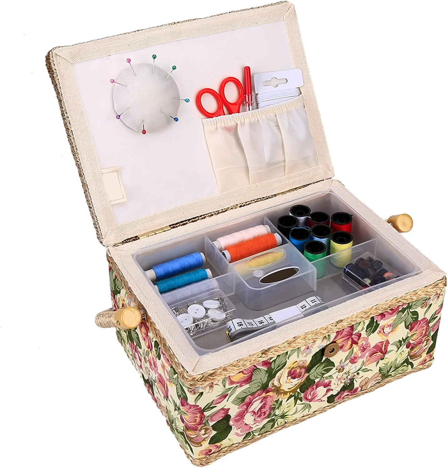 Marhynchus Sewing Basket with Wood Frame and Polyester Fabric Household Storage Box Organizer with 260° Flexible Handle Inside Pocket for Needle Thread Handwork (Pastoral roses)
