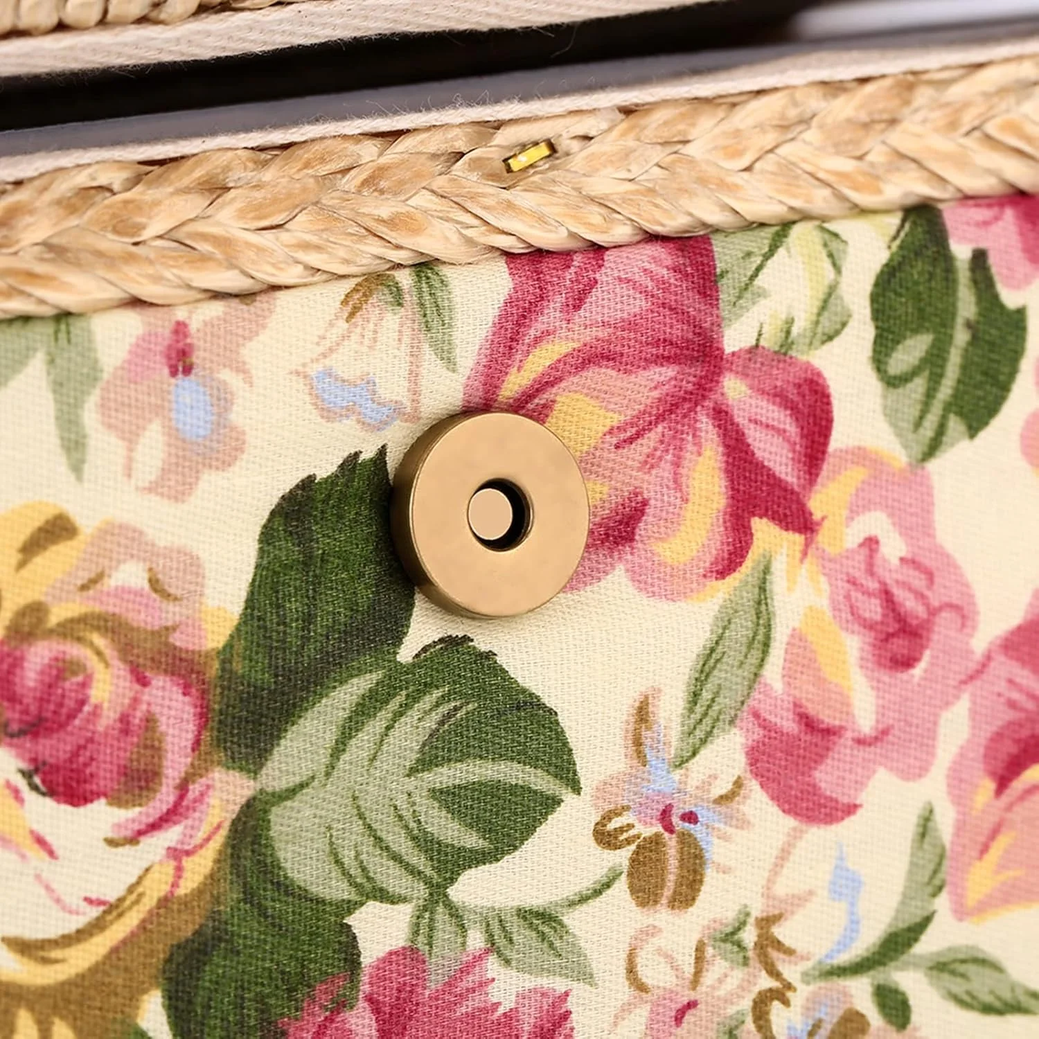 Marhynchus Sewing Basket with Wood Frame and Polyester Fabric Household Storage Box Organizer with 260° Flexible Handle Inside Pocket for Needle Thread Handwork (Pastoral roses)