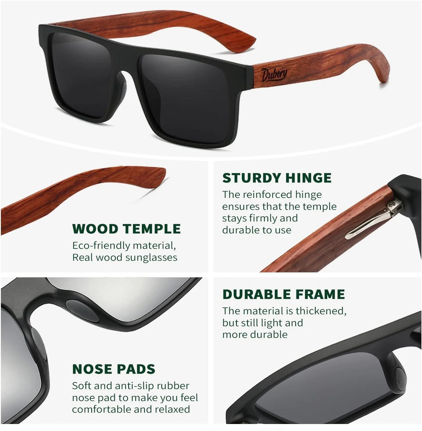 عینک آفتابی پلاریزه مربعی با فریم چوبی DUBERY مردانه زنانه محافظت UV400 مدل D833 عینک آفتابی پلاریزه مربعی با فریم چوبی DUBERY مردانه زنانه محافظت UV400 مدل D833