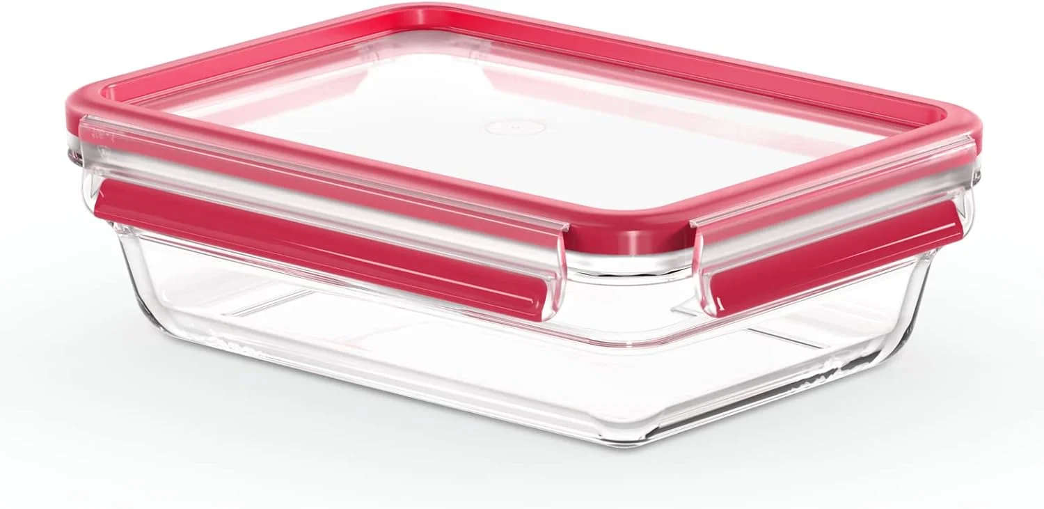 Emsa N10409 Clip & Close Glass Food Storage Container | 1.1 L | Stackable | Freezer Safe | Oven Safe | Microwave Safe | Non-Slip Stacking | 100% Leak-proof | Dishwasher Safe | Transparent/Red