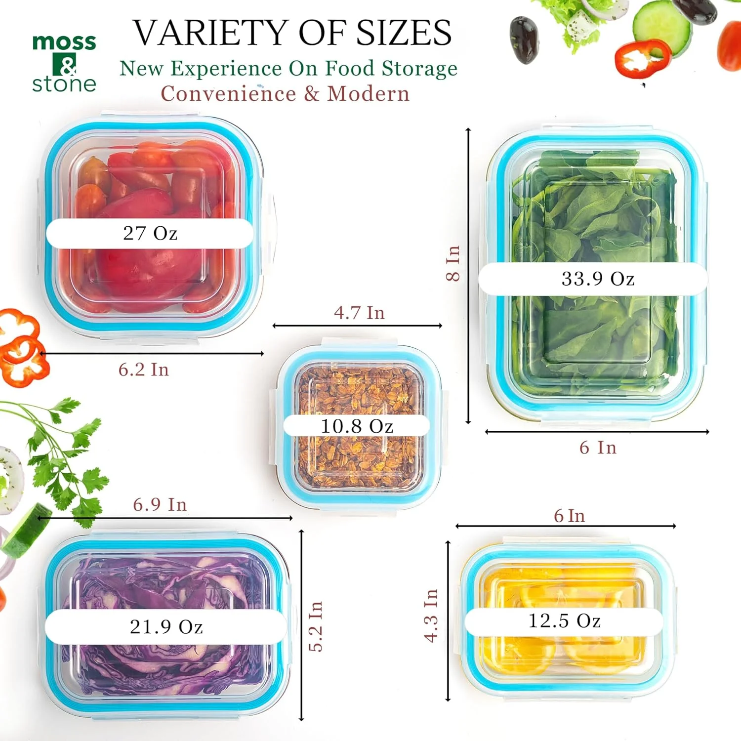 ظروف شیشه ای نگهداری مواد غذایی Moss & Stone با درب، 10 تکه. درب های شفاف Snapware ضد نشت، قابل استفاده در فر، فریزر، مایکروویو و ماشین ظرفشویی، ظروف آماده سازی غذا شیشه ای بدون BPA