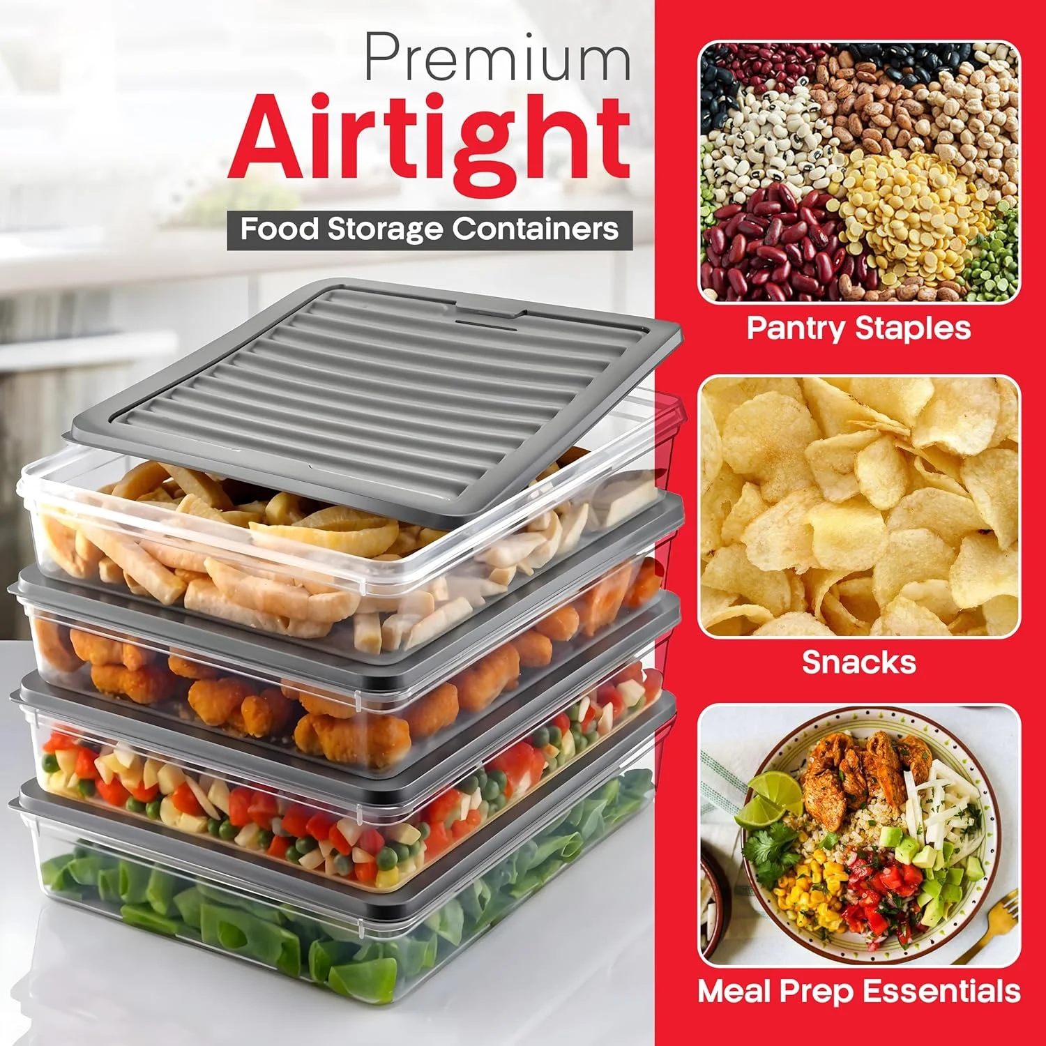 ظروف نگهداری مواد غذایی پلاستیکی مای هپی هوم، 4 عدد، هر کدام 2.4 لیتر، ظروف پلاستیکی آماده سازی غذا با درب - ضد نشت، قابل استفاده در مایکروویو، فریزر و ماشین ظرفشویی، قابل استفاده مجدد، خاکستری