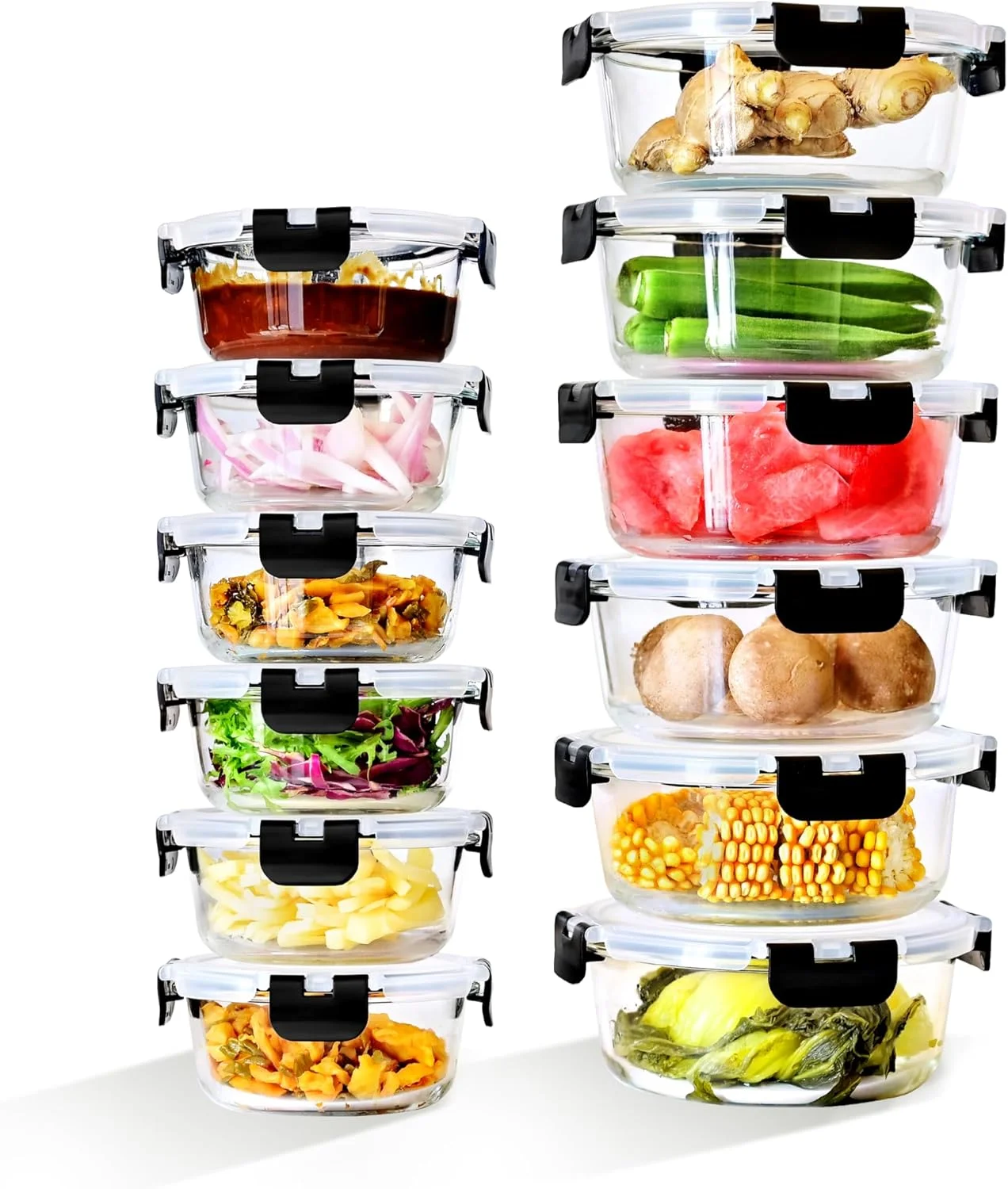 ظروف نگهداری غذا شیشه ای MVDHDT، مجموعه 12 عددی با درب های قفل دار، ظروف آماده سازی غذا شیشه ای - ظروف ناهار هوابند، قابل استفاده در مایکروویو، فر، فریزر و ماشین ظرفشویی، گرد