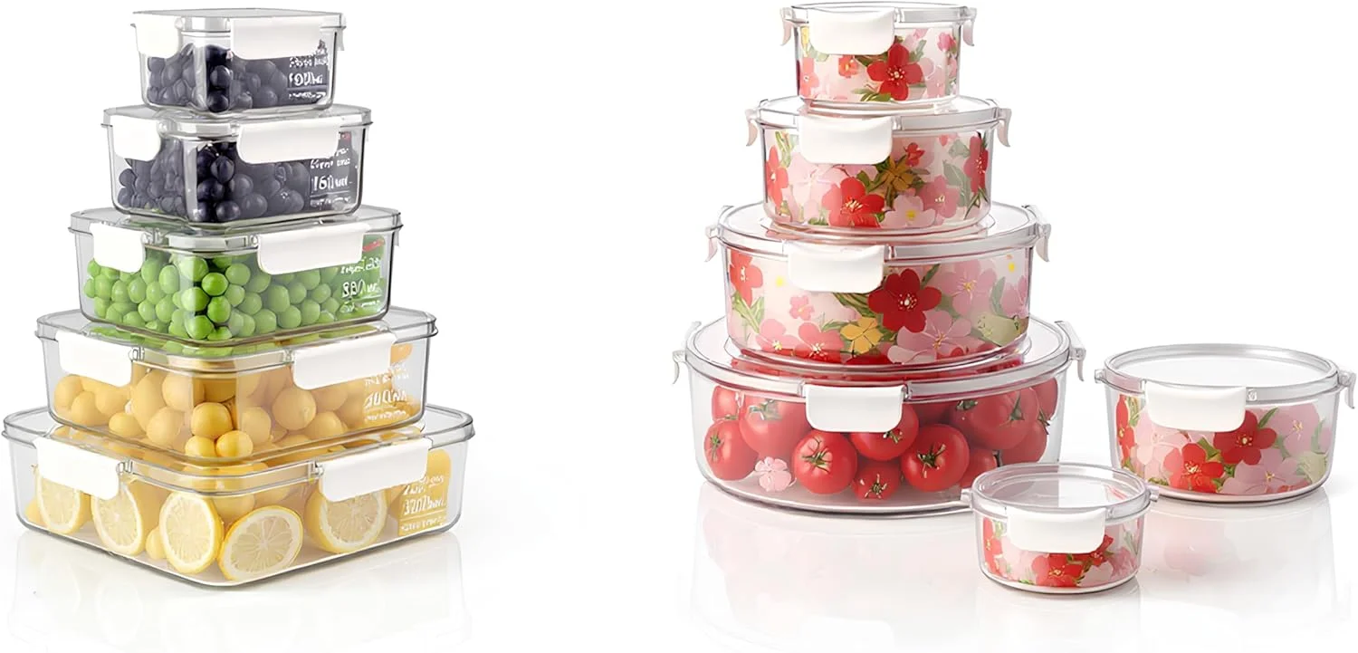 11 Pcs Multi-Size Clear Pantry Organizer Bins - Food Storage Container Set with Airtight lids - Round and Rectangular Leakproof Canister Sets - Lunch Boxes for Camping and Traveling (BPA Free)