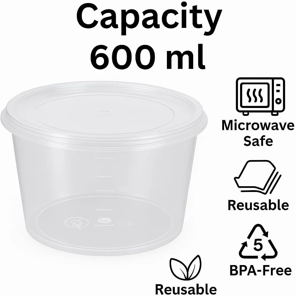 ظروف غذای پلاستیکی گرد با درب، مناسب مایکروویو - 600 میلی لیتر - قابل استفاده مجدد - بدون BPA (10 عدد)