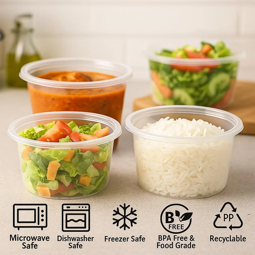 ظروف غذای پلاستیکی گرد با درب، مناسب مایکروویو - 600 میلی لیتر - قابل استفاده مجدد - بدون BPA (10 عدد)