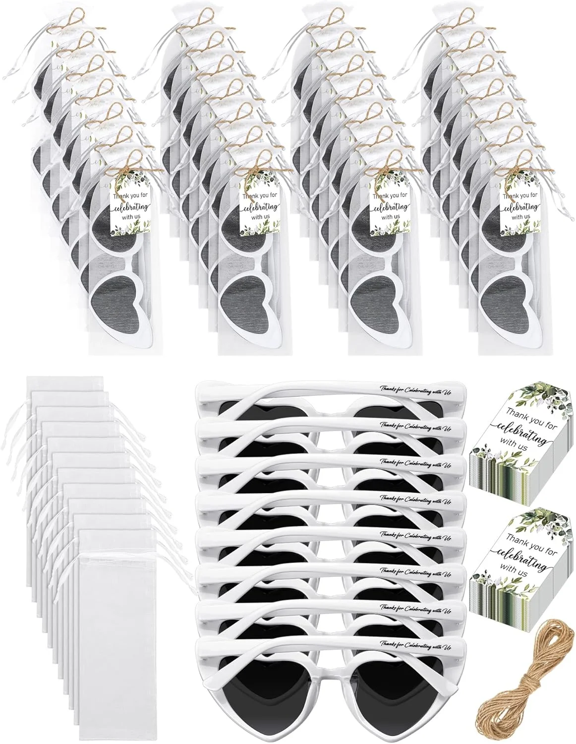 عینک آفتابی قلبی عروسی Chapou برای مهمانان، عینک آفتابی مجردی قلبی با تگ های تشکر و کیسه های ارگانزا برای مهمانی عروسی