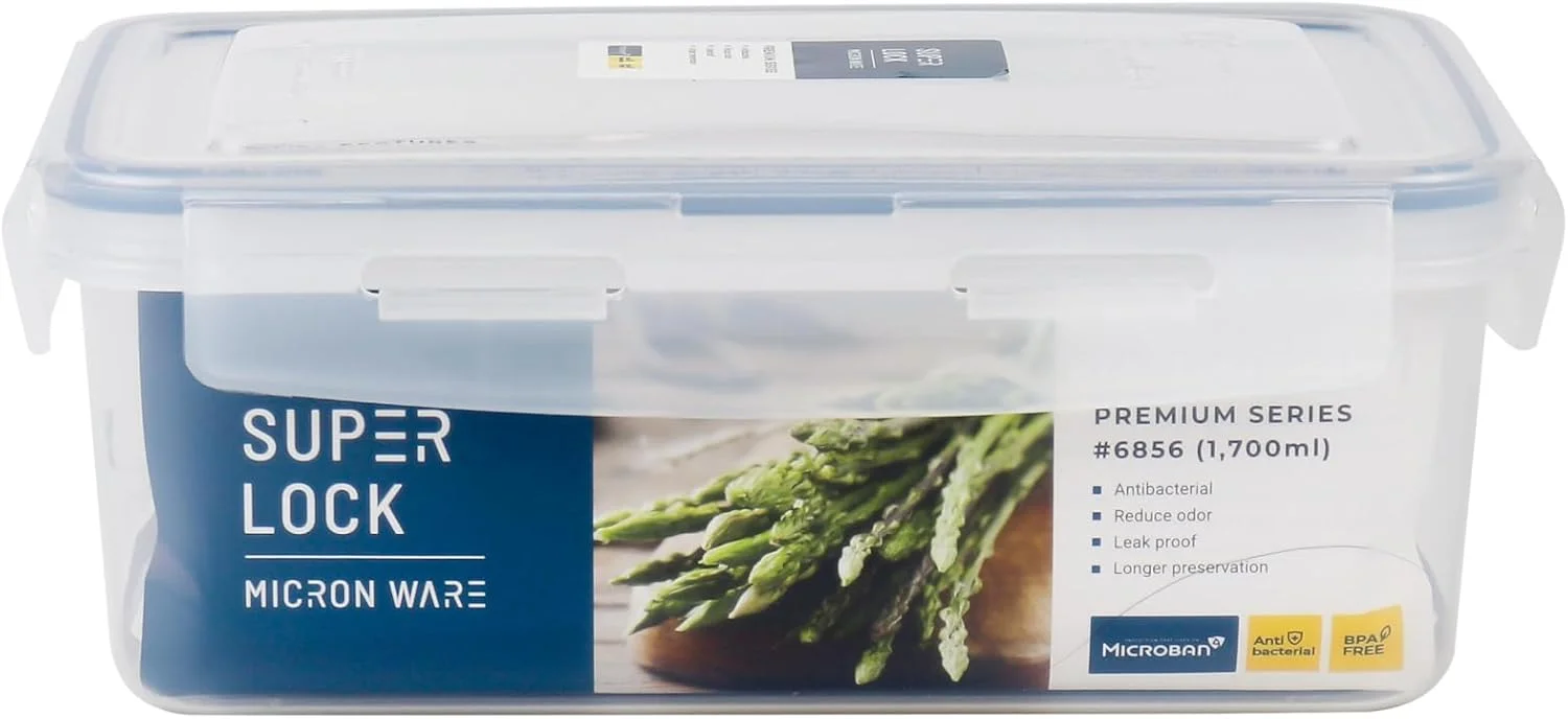 باکس نگهداری مستطیلی 1700 میلی لیتری Microneware Superlock، ظرف غذای پلاستیکی درب دار و بدون نشتی، فاقد BPA، قابل استفاده در مایکروویو، فریزر و ماشین ظرفشویی، سازمان دهنده نگهداری آشپزخانه، جعبه ناهار (6856)