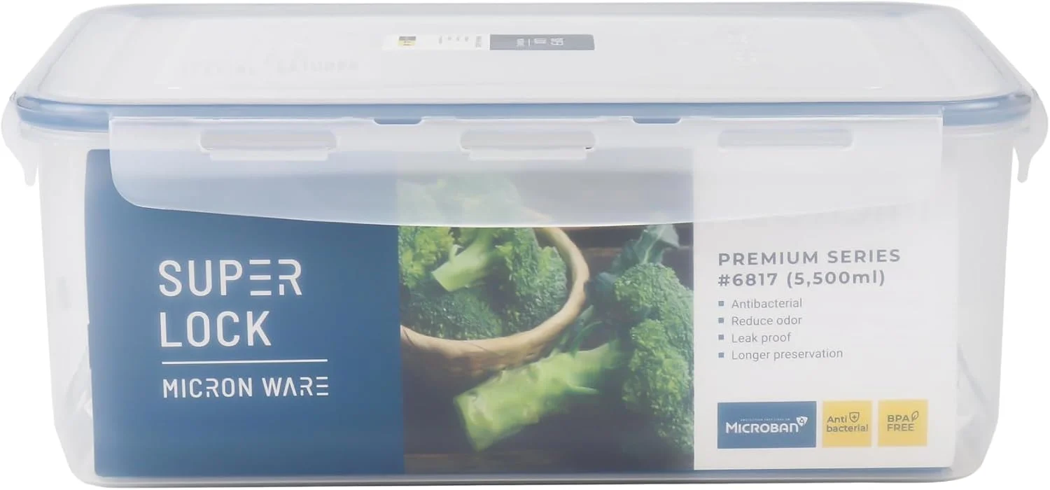 ظرف نگهداری مستطیلی 5500 میلی لیتری Microneware Superlock، ظرف غذای پلاستیکی درب دار و بدون هوا، 100% ضد نشت، فاقد BPA، قابل استفاده در مایکروویو، فریزر و ماشین ظرفشویی، سازمان دهنده نگهداری آشپزخانه، ظرف غذا (6817)