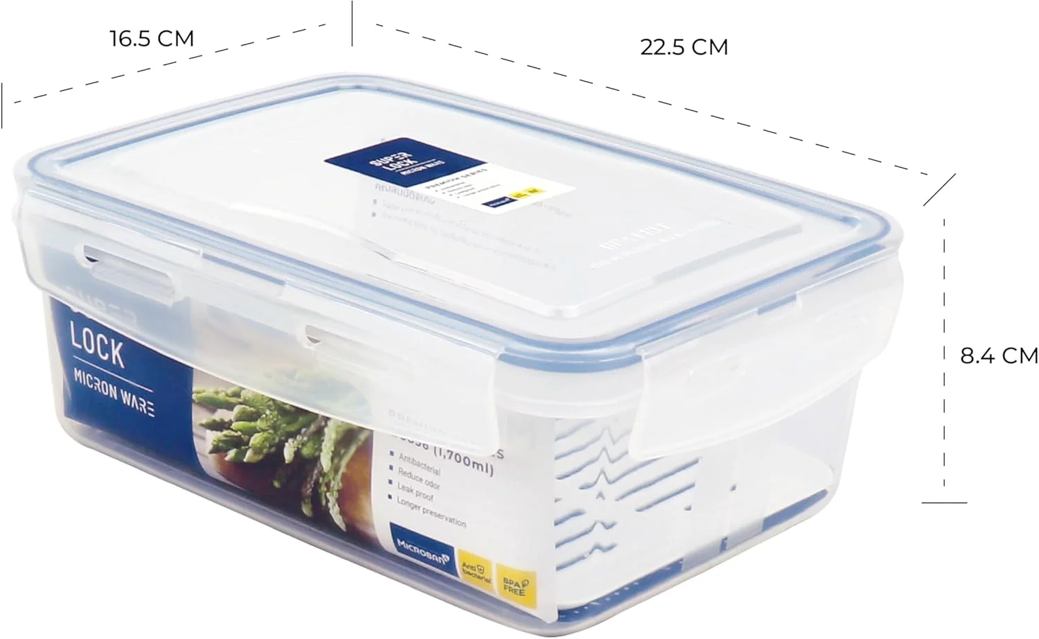 باکس نگهداری مستطیلی 1700 میلی لیتری Microneware Superlock، ظرف غذای پلاستیکی درب دار و بدون نشتی، فاقد BPA، قابل استفاده در مایکروویو، فریزر و ماشین ظرفشویی، سازمان دهنده نگهداری آشپزخانه، جعبه ناهار (6856)