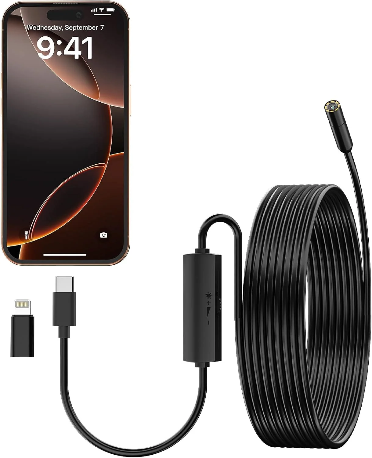 اندوسکوپ با نور، دوربین بوراسکوپ 1080P HD با 8 چراغ LED قابل تنظیم و لنز 8 میلی‌متری، دوربین بازرسی با کابل نیمه سخت 16.5 فوتی، سازگار با iOS و Android