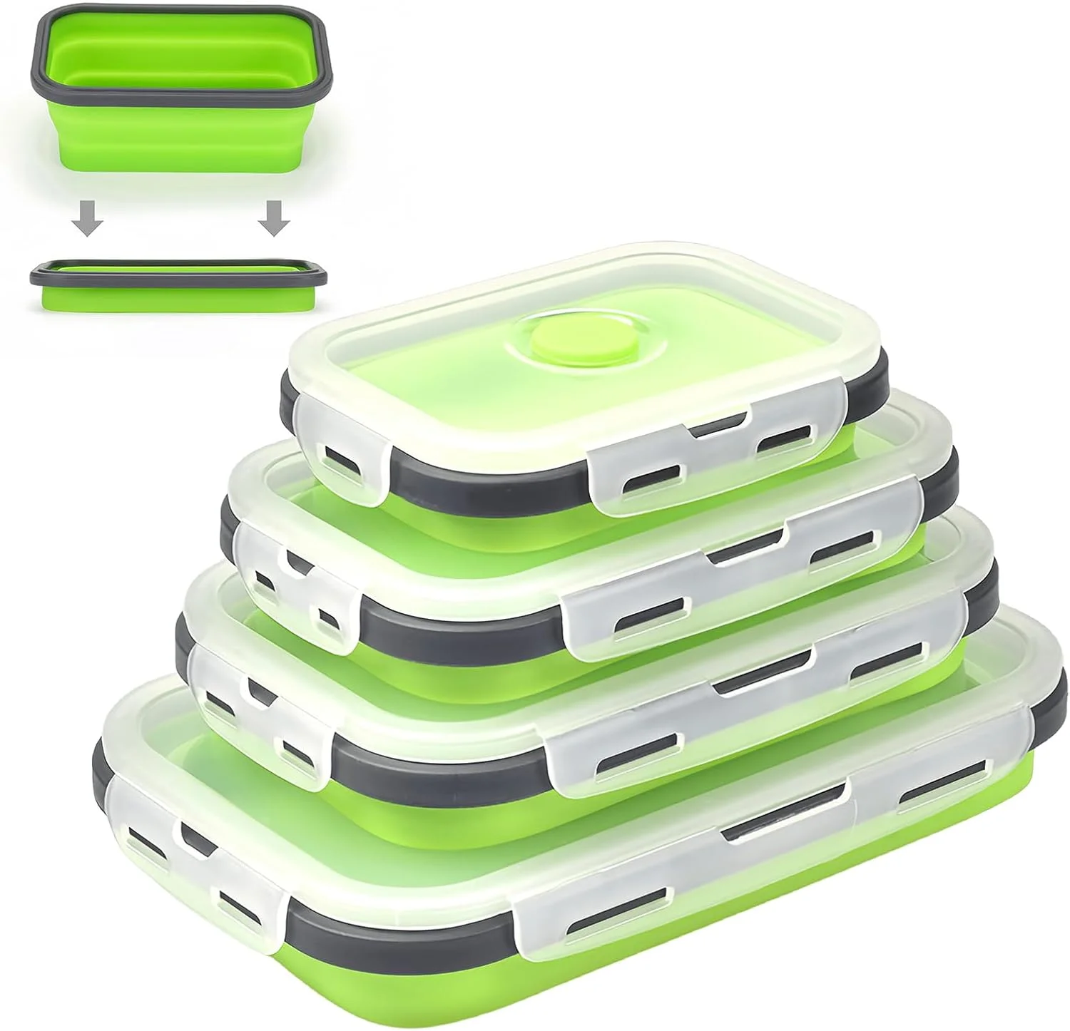 ظرف نگهداری غذا 4 تکه MEGYAD، تاشو: ظروف نگهداری غذا با درب، سازمان دهنده یخچال سیلیکا ژل، جعبه ناهار تاشو، ضد نشت، مناسب برای مایکروویو و فریزر، بدون BPA (سبز)