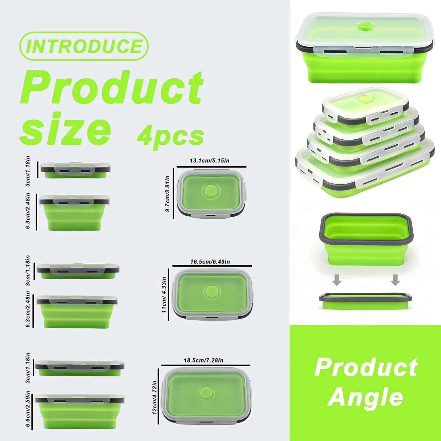 ظرف نگهداری غذا 4 تکه MEGYAD، تاشو: ظروف نگهداری غذا با درب، سازمان دهنده یخچال سیلیکا ژل، جعبه ناهار تاشو، ضد نشت، مناسب برای مایکروویو و فریزر، بدون BPA (سبز)