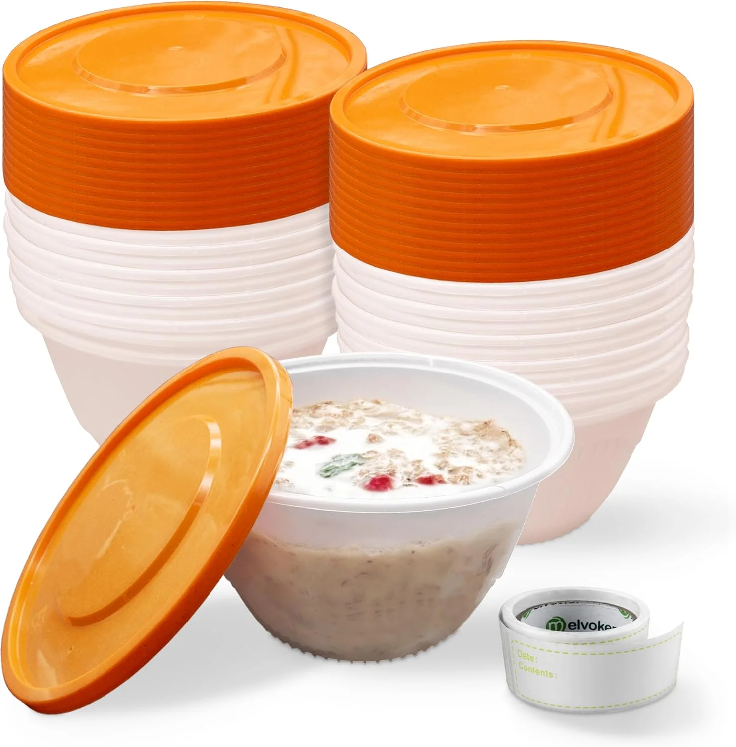 ظروف غذای گرد ملوکر 24 عددی با درب - 450 میلی لیتر (16 اونس) ظروف بیرون بر با درب برای آماده سازی غذا | قابل استفاده در مایکروویو و فریزر، ظروف پلاستیکی قابل استفاده مجدد بدون BPA با درب