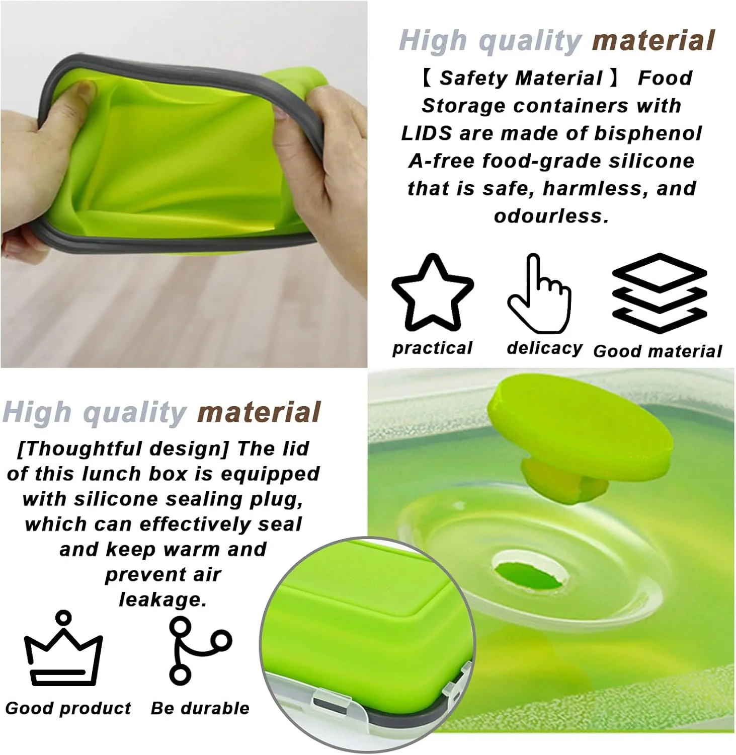 ظرف نگهداری غذا 4 تکه MEGYAD، تاشو: ظروف نگهداری غذا با درب، سازمان دهنده یخچال سیلیکا ژل، جعبه ناهار تاشو، ضد نشت، مناسب برای مایکروویو و فریزر، بدون BPA (سبز)