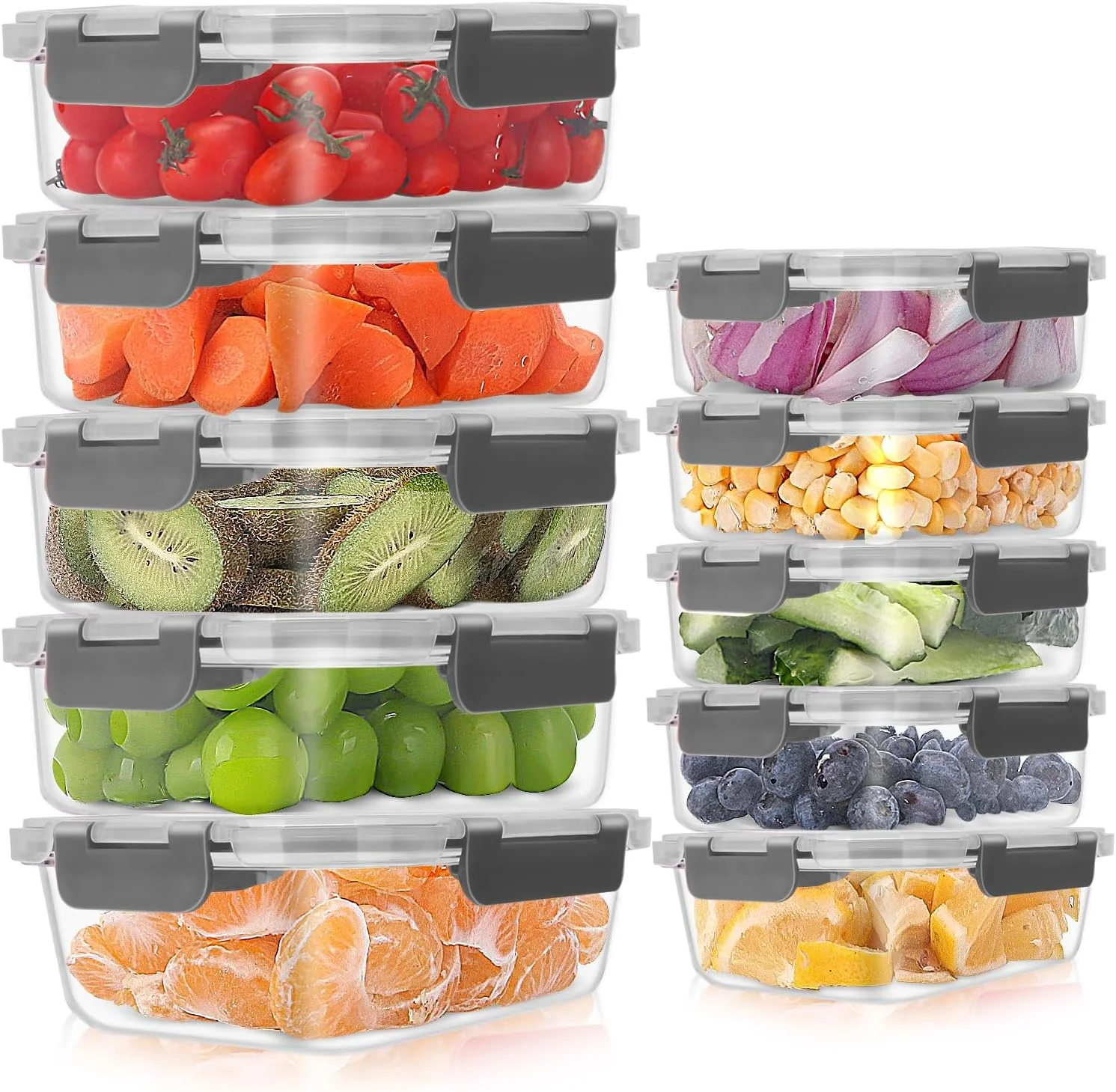 ظروف آماده سازی غذا شیشه ای میتوز، بسته 10 عددی، ظروف غذای شیشه ای درب دار، ظروف نگهداری مواد غذایی شیشه ای قابل چیدن با درب، بدون BPA، مناسب برای مایکروویو، فر، فریزر و ماشین ظرفشویی (خاکستری)