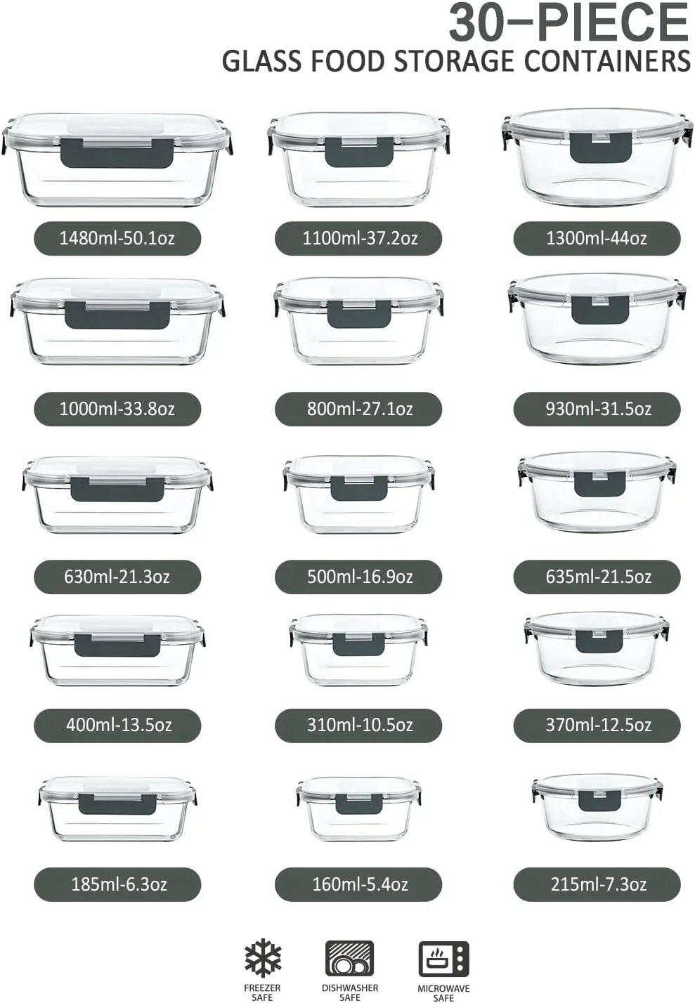 ظروف نگهداری غذا شیشه ای 30 تکه M MCIRCO با درب های قفل شونده، ست ظروف آماده سازی غذا شیشه ای - ظروف ناهار هوا بند، قابل استفاده در مایکروویو، فر، فریزر و ماشین ظرفشویی