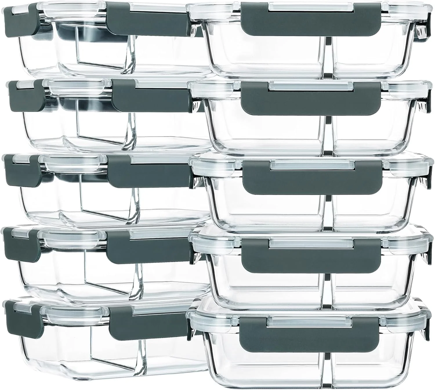 ظروف آماده سازی غذا شیشه ای ام امسیرکو، 10 عددی، 900 میلی لیتری، 2 محفظه، جعبه های بنتو ناهار درب دار، ظروف نگهداری مواد غذایی شیشه ای، قابل استفاده در مایکروویو، فر، فریزر و ماشین ظرفشویی