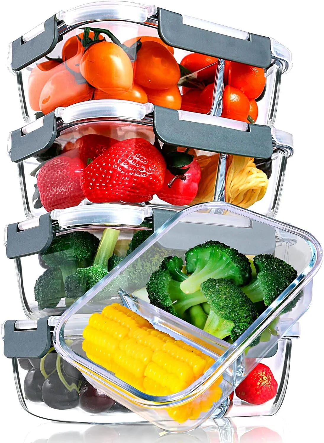 ام ام سیرکو [بسته 5 عددی، ظروف شیشه ای 900 میلی لیتری آماده سازی غذا، 2 محفظه کنترل مقدار غذا با درب های قفل شونده ارتقا یافته، ظروف شیشه ای نگهداری مواد غذایی، قابل استفاده در مایکروویو، فر، فریزر و ماشین ظرفشویی]