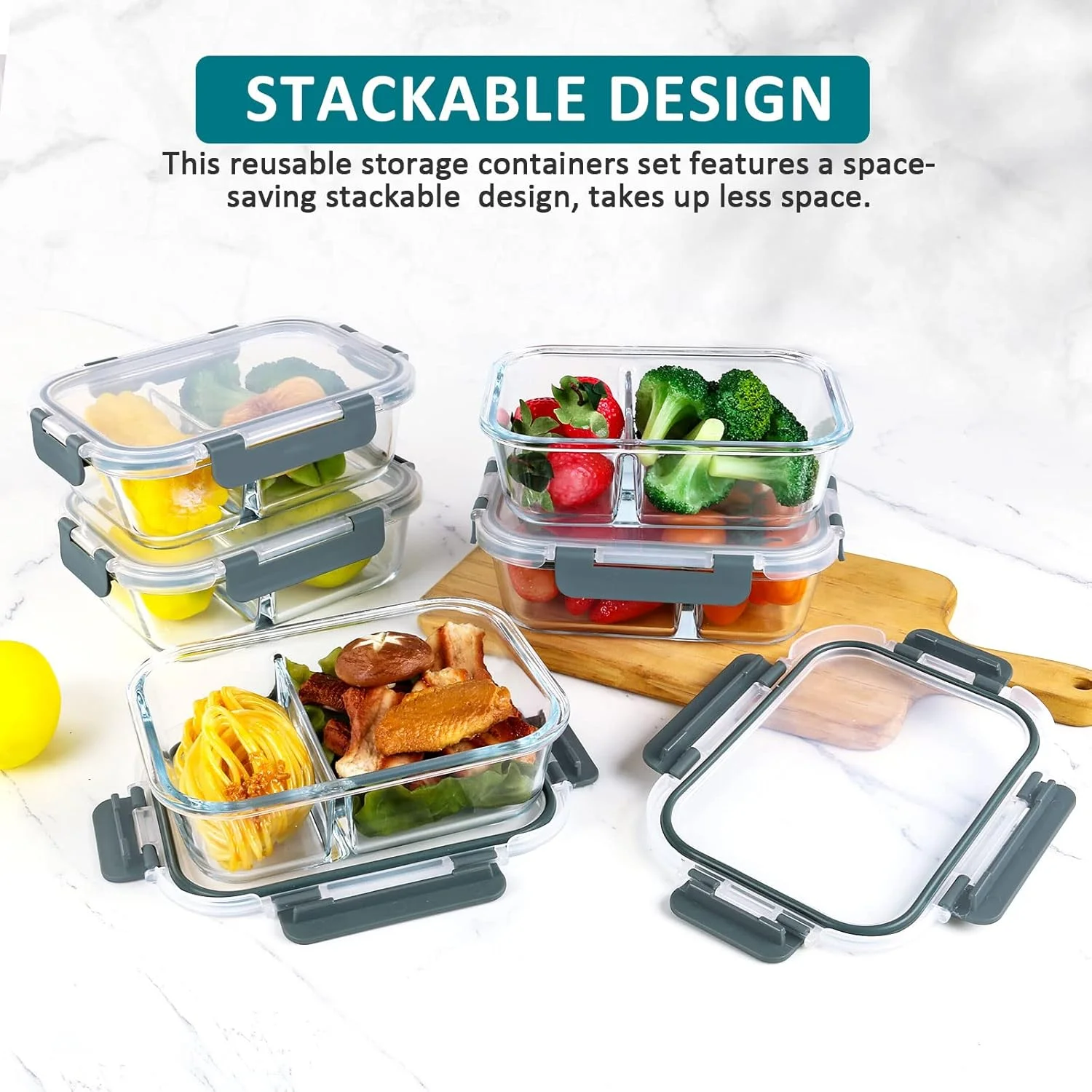 ام ام سیرکو [بسته 5 عددی، ظروف شیشه ای 900 میلی لیتری آماده سازی غذا، 2 محفظه کنترل مقدار غذا با درب های قفل شونده ارتقا یافته، ظروف شیشه ای نگهداری مواد غذایی، قابل استفاده در مایکروویو، فر، فریزر و ماشین ظرفشویی]