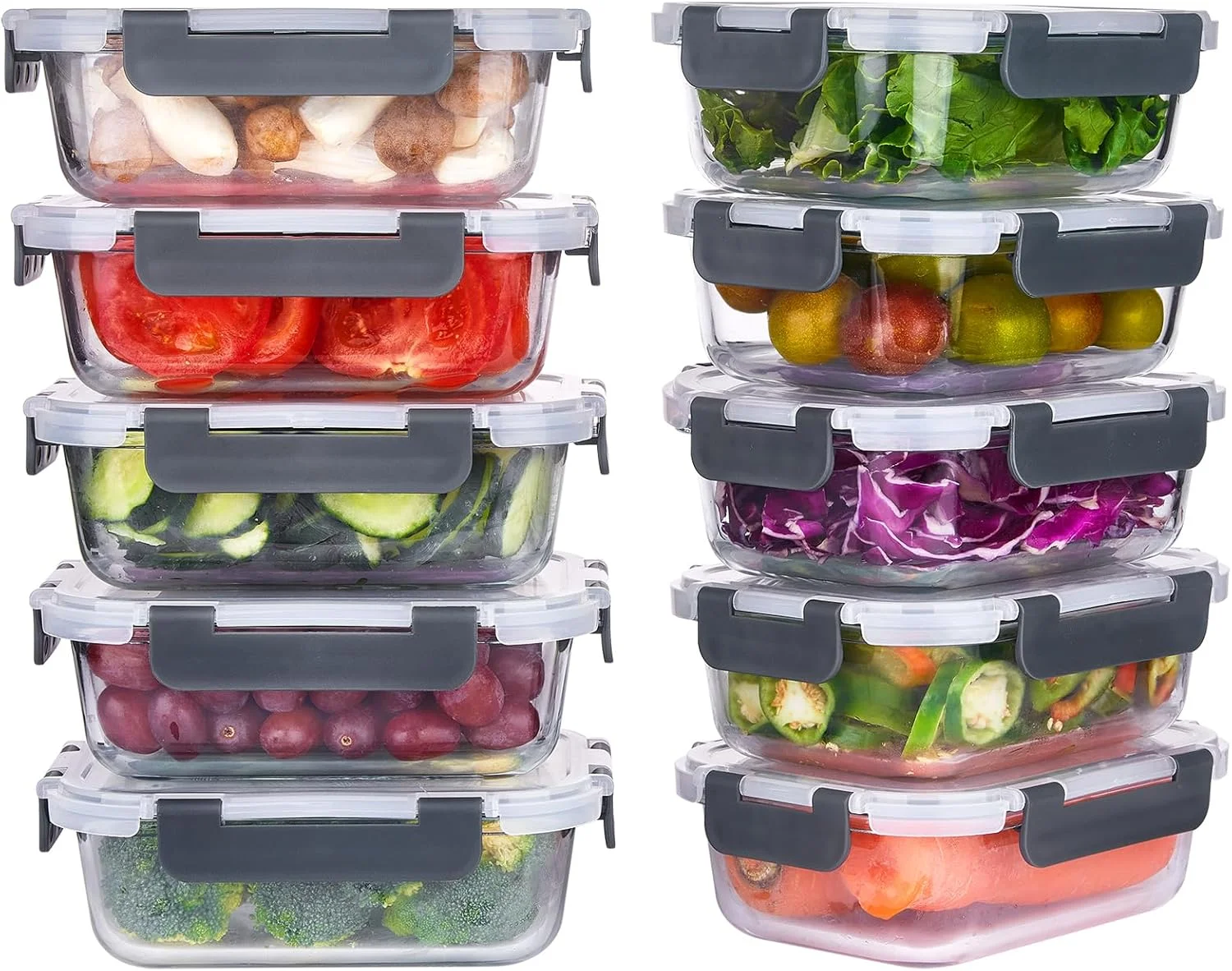 ظروف آماده سازی غذا شیشه ای لمون سندی، بسته 10 عددی، 650 میلی لیتری، ظروف نگهداری مواد غذایی شیشه ای با درب، جعبه های بنتو ناهار شیشه ای قابل استفاده مجدد، ضد هوا و ضد نشت، مناسب فریزر، مایکروویو و ماشین ظرفشویی، خاکستری