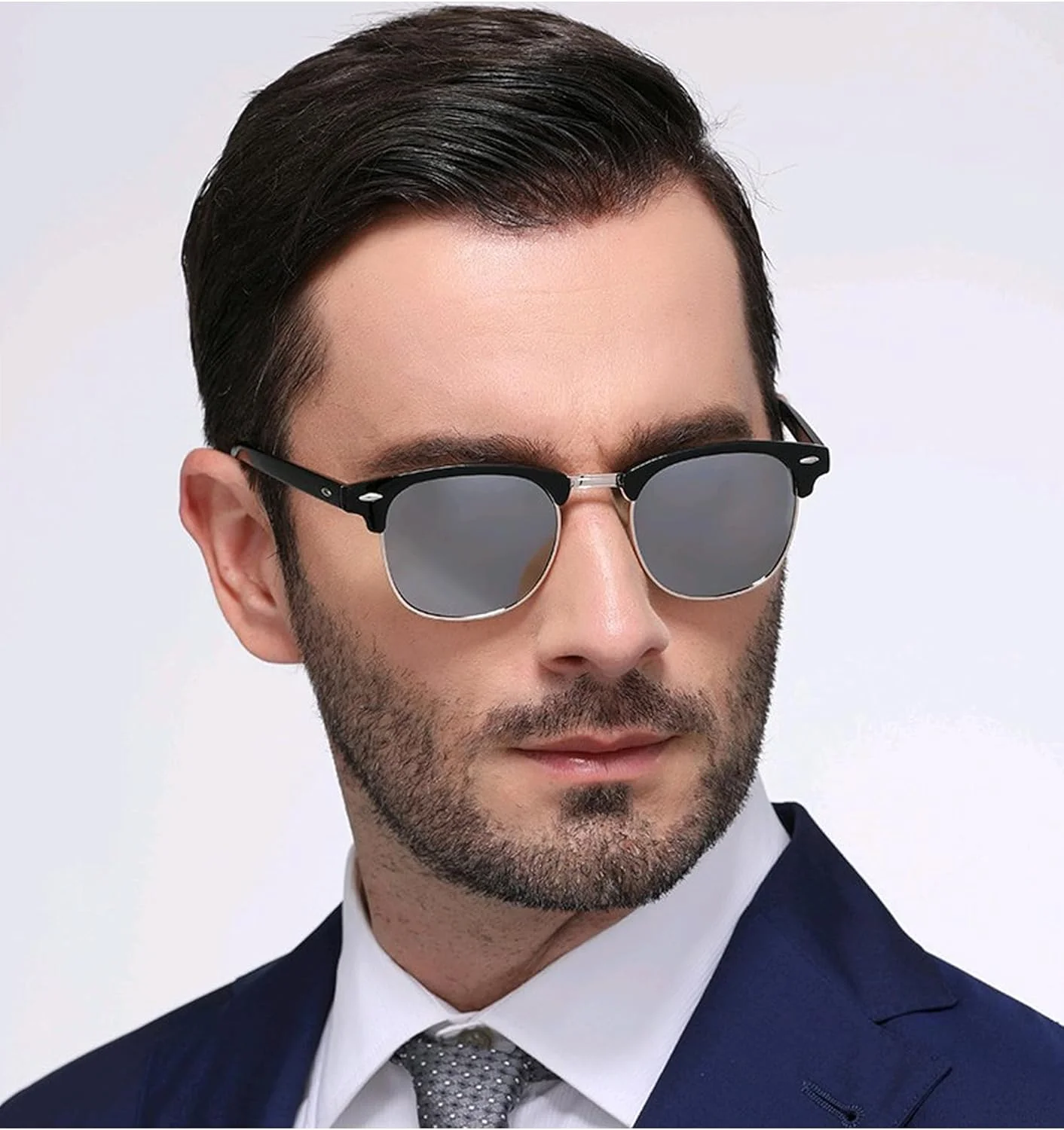 عینک آفتابی پلاریزه مردانه 2 عددی UV400 زنانه - عینک مربعی نیمه بدون فریم - عینک آفتابی ضد نور آبی برای رانندگی، مشکی و آبی