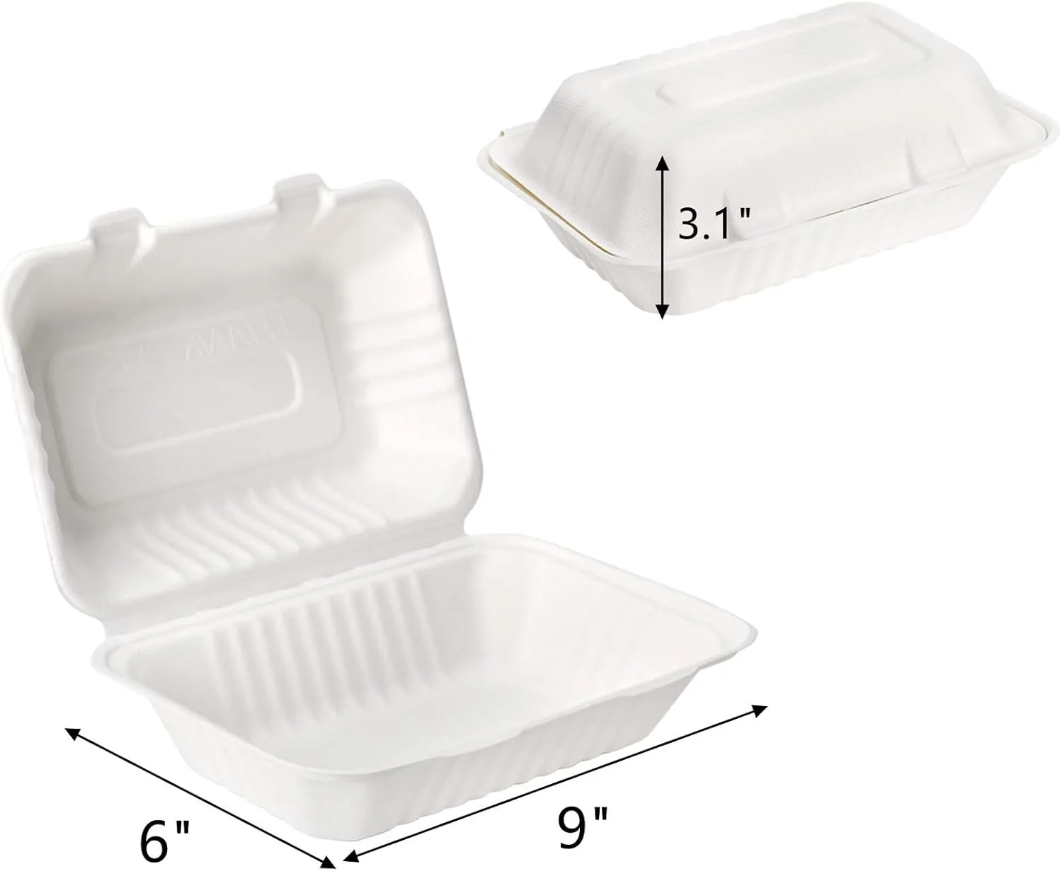 ظروف صدفی غذا Lawei، بسته 50 عددی، 23x15 سانتی متر، ظروف لولایی زیست تخریب پذیر، جعبه بیرون بر تک قسمتی، ظروف بزرگ حمل غذا، قابل استفاده در مایکروویو و فریزر، بدون BPA