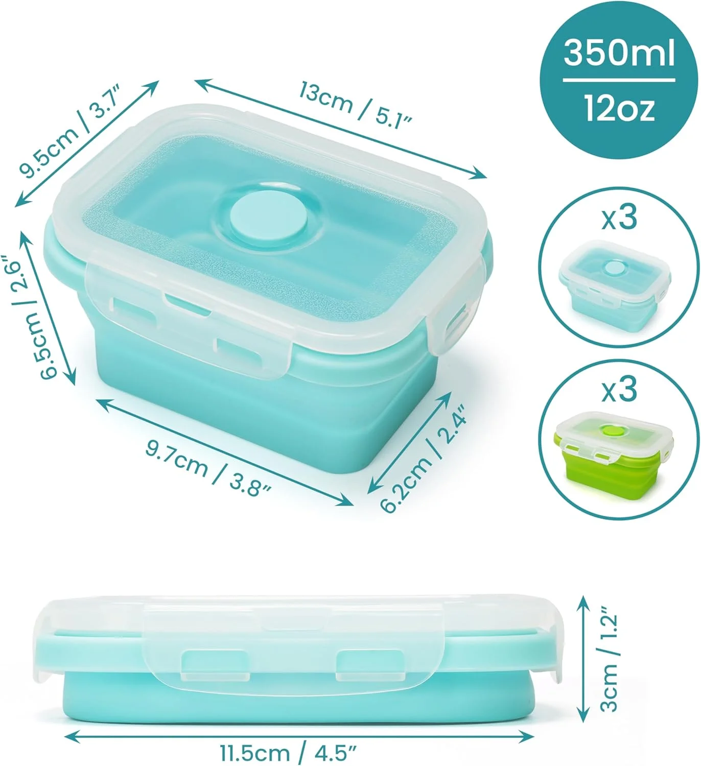 ست 6 عددی ظروف سیلیکونی تاشو کرتزی با درب - ظروف نگهداری مواد غذایی 350 میلی لیتری - جعبه ناهار استک شونده - ظروف دربسته قابل استفاده مجدد بدون BPA - قابل استفاده در مایکروویو، ماشین ظرفشویی و فریزر