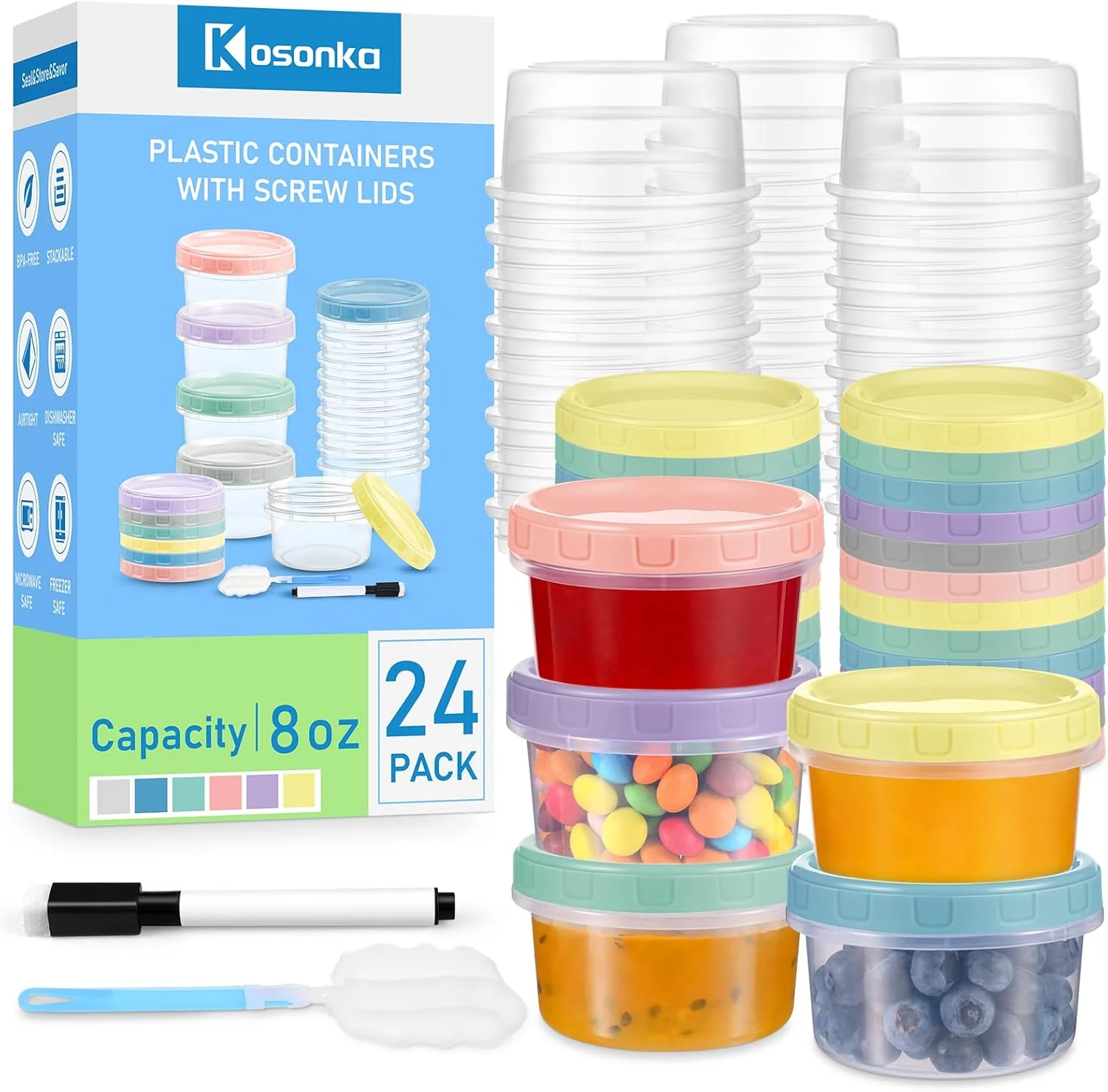 ظروف نگهداری مواد غذایی پلاستیکی کوسونکا، 24 عددی، 230 میلی لیتری، قابل استفاده مجدد در فریزر، ظروف کوچک آماده سازی غذا به همراه قلم و برس، فاقد BPA، درب پیچی، قابل استفاده در مایکروویو و ماشین ظرفشویی
