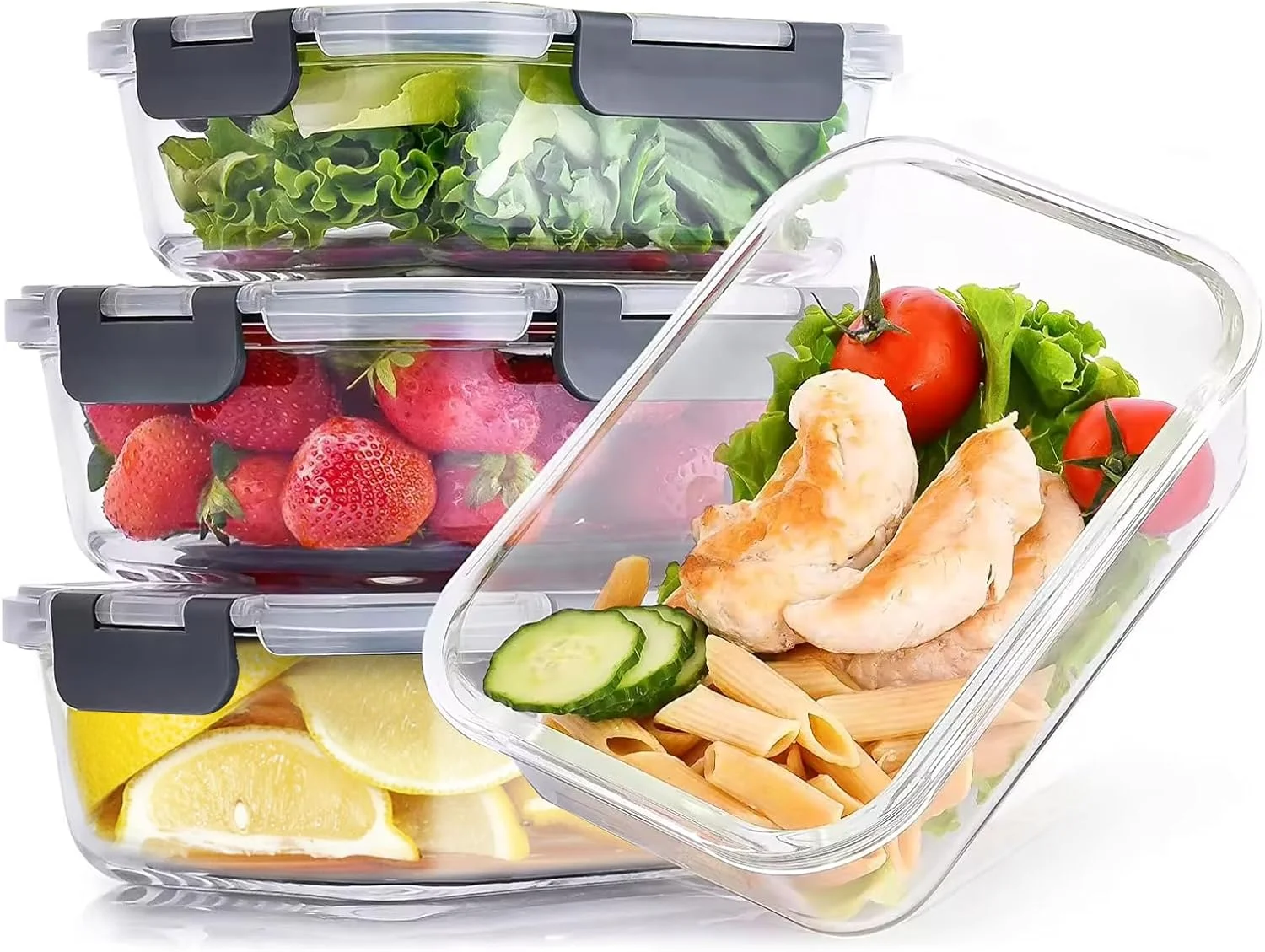 ظروف شیشه ای نگهداری مواد غذایی KOOSREEL با درب، ست 4 عددی ظروف آماده سازی غذا، ظروف ناهار هوا بند، ضد نشت، جعبه های بنتو شیشه ای فاقد BPA مناسب برای مایکروویو، فر، فریزر و ماشین ظرفشویی