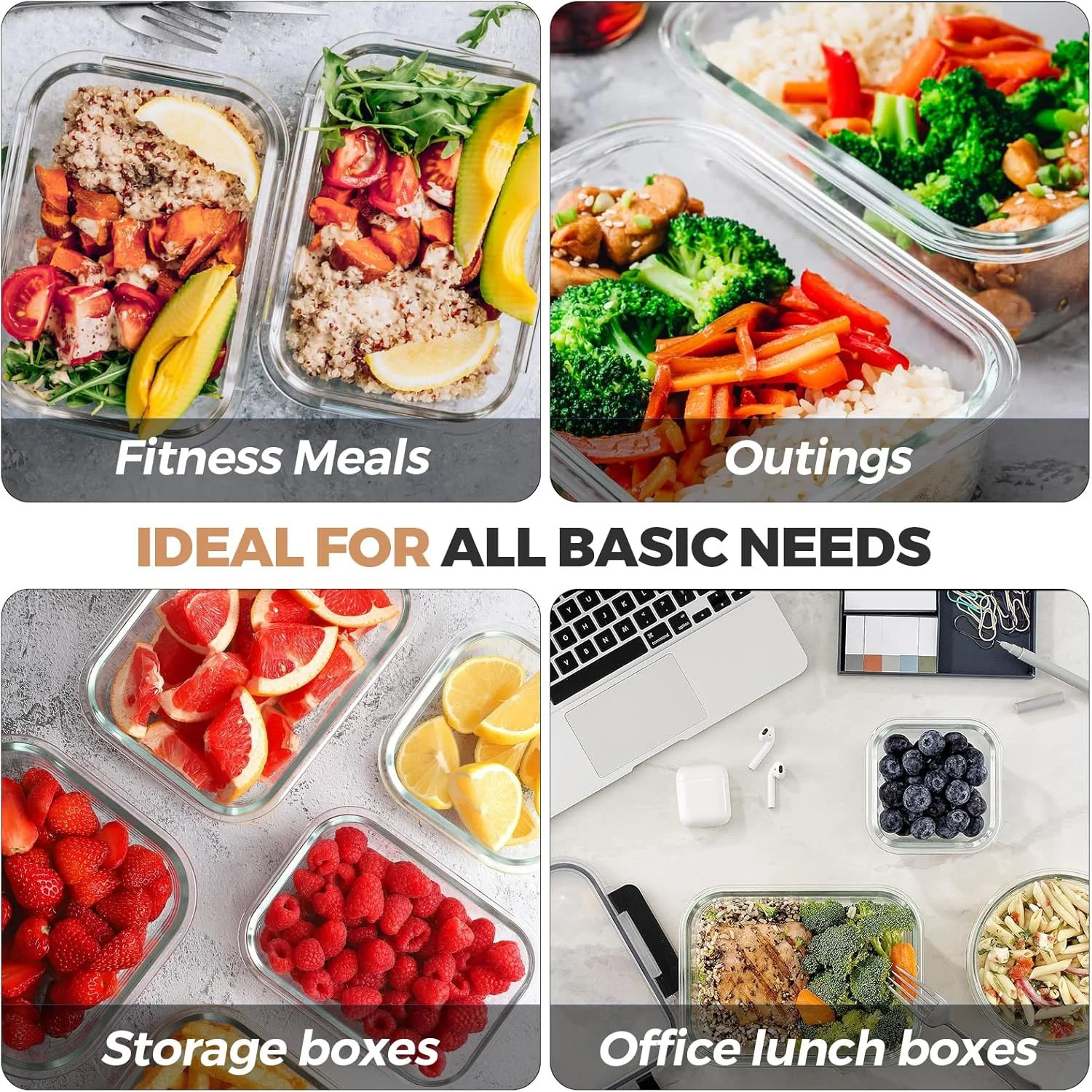 ظروف شیشه ای نگهداری مواد غذایی KOOSREEL با درب، ست 4 عددی ظروف آماده سازی غذا، ظروف ناهار هوا بند، ضد نشت، جعبه های بنتو شیشه ای فاقد BPA مناسب برای مایکروویو، فر، فریزر و ماشین ظرفشویی