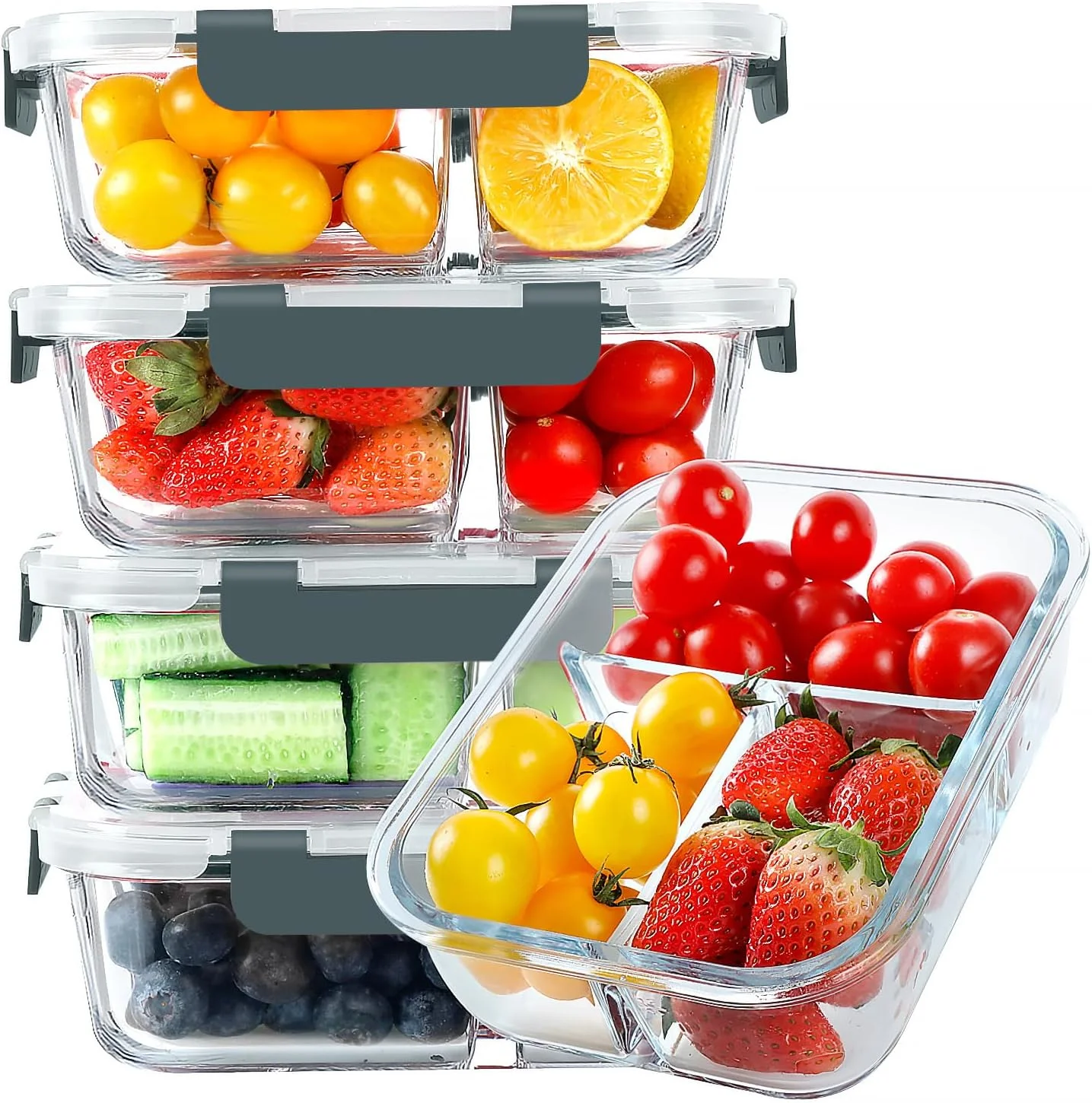 ظروف آماده سازی غذا شیشه ای کومه، 3 محفظه، بسته 5 عددی 1065 میلی لیتر، ظروف نگهداری غذا شیشه ای با درب، جعبه بنتو ناهار ضد هوا، کنترل مقدار غذا، قابل استفاده در فریزر و مایکروویو