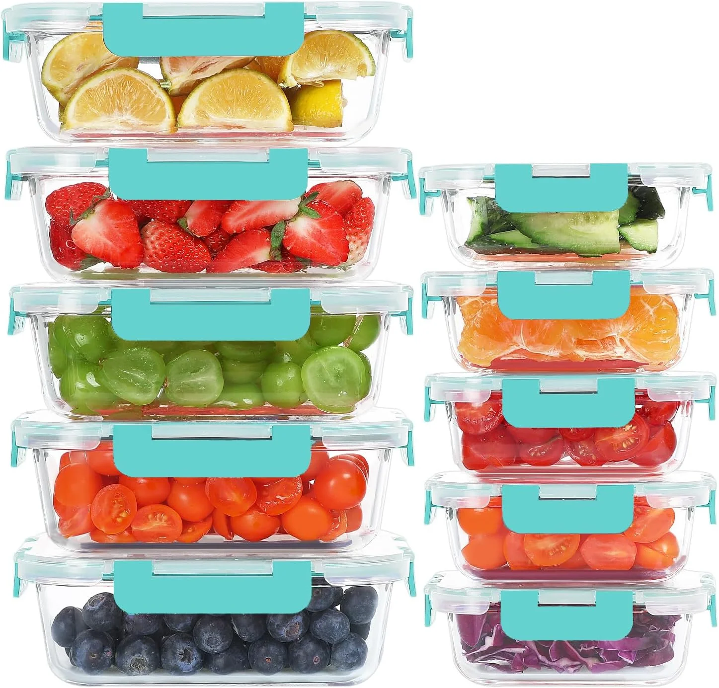 ظروف نگهداری غذا شیشه ای کوموئه، بسته 10 عددی، ظروف آماده سازی غذا با درب، جعبه ناهار شیشه ای ضد هوا، قابل استفاده در فریزر، فر و مایکروویو، سبز