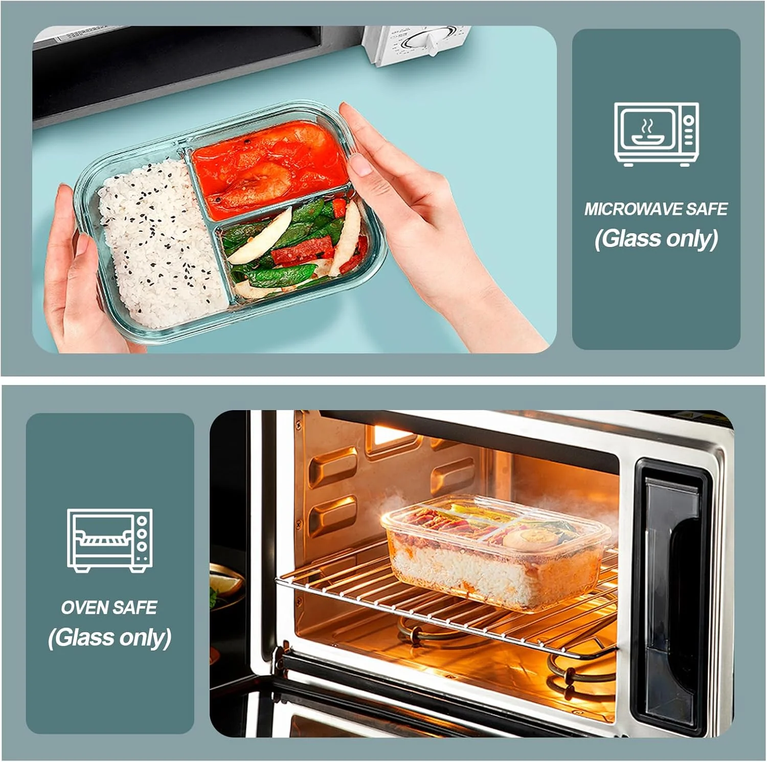 ظروف آماده سازی غذا شیشه ای کومه، 3 محفظه، بسته 5 عددی 1065 میلی لیتر، ظروف نگهداری غذا شیشه ای با درب، جعبه بنتو ناهار ضد هوا، کنترل مقدار غذا، قابل استفاده در فریزر و مایکروویو