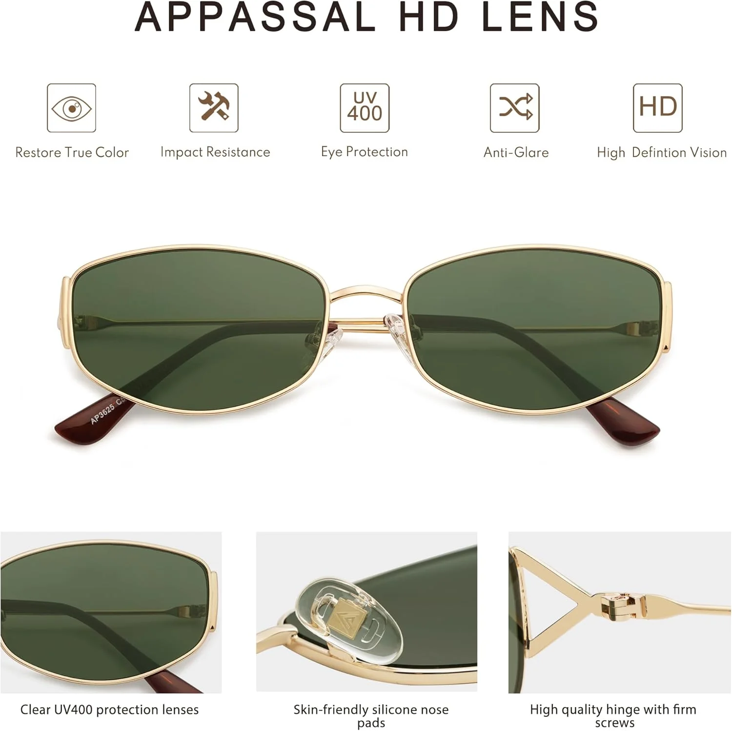 عینک آفتابی بیضی رترو Appassal برای زنان و مردان، عینک آفتابی با فریم فلزی مستطیلی شش ضلعی AP3625