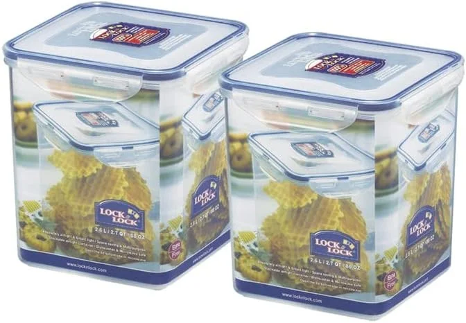 ظرف نگهداری مواد غذایی مربع بلند پلاستیکی Lock & Lock Classic با درب ضد نشت، 2.6 لیتر، شفاف، ست 2 عددی (HPL822B x 2)