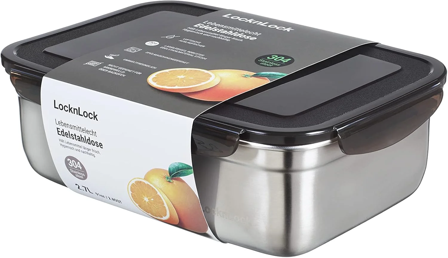 ظرف نگهداری استیل LocknLock با درب، 2.7 لیتر، 265 x 185 x 85 میلی متر، بدون BPA، قابل شستشو در ماشین ظرفشویی، قابل استفاده در فریزر تا دمای 20- درجه سانتیگراد، جعبه نگهداری استیل با درب