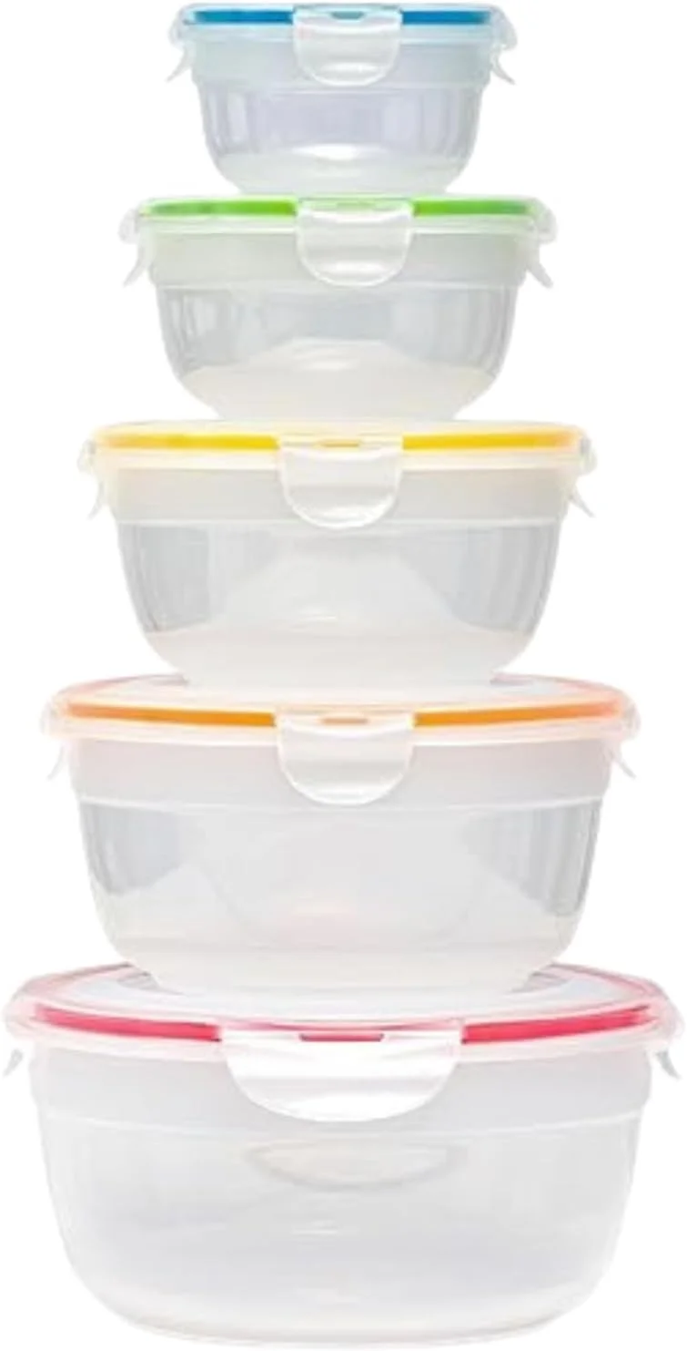 ست 5 تایی ظروف نگهداری غذا لاک اند لاک مدل کلاسیک، رنگارنگ، 250 میلی لیتر، 480 میلی لیتر، 850 میلی لیتر، 1.4 لیتر، 2.1 لیتر، 100% ضد هوا و ضد آب، بدون BPA، مناسب برای سازماندهی فریزر و یخچال، قابل شستشو در ماشین ظرفشویی و استفاده در مایکروویو