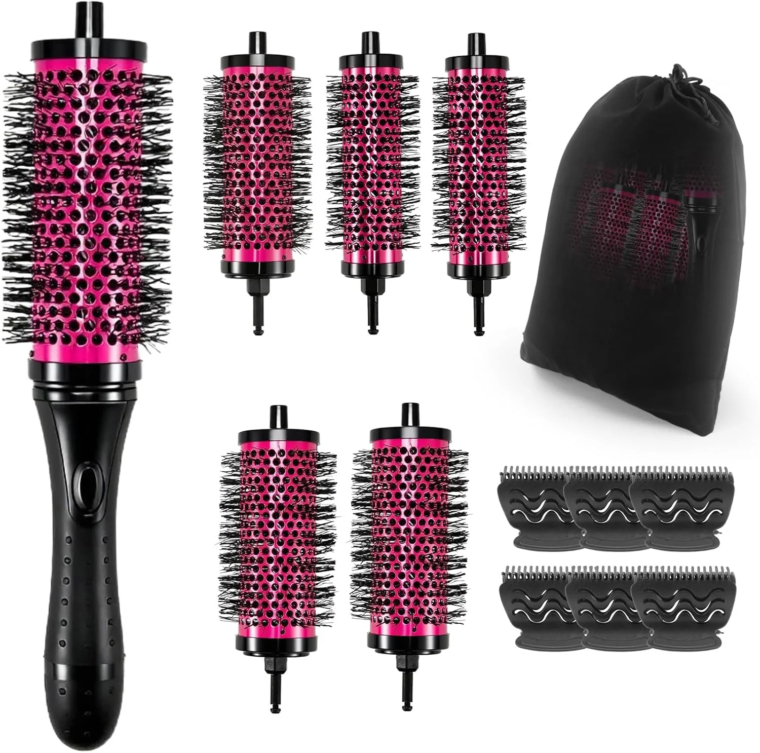 ست برس مو گرد Yocdunm با دسته جداشدنی، برس رولی مو در 3 سایز، برس مو گرد برای خشک کردن با سشوار به همراه 6 گیره موقعیت دهی، 6 استوانه و 1 دسته (رز قرمز)