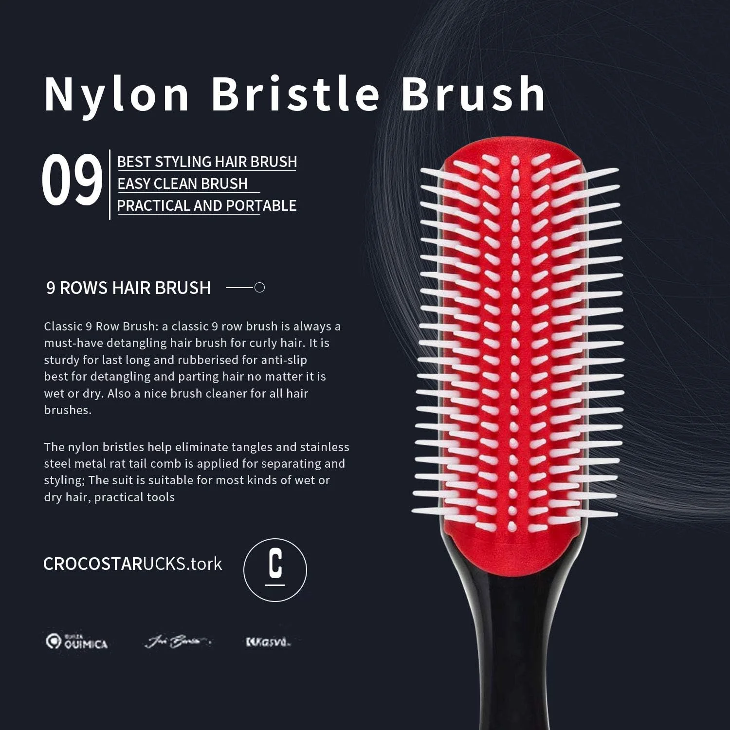 برس شامپو WEXNECOWKZ با 9 ردیف دندانه نایلونی و بالشتکی، برس باز کننده گره مو برای موهای فر، برس باز کننده گره مو، 2 برس لبه دار مختلف، شانه دم موشی دو طرفه برای جدا کردن مو و بافتن مو