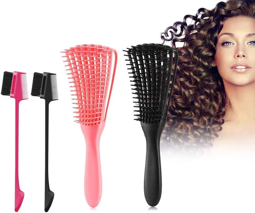 مجموعه برس مو شامل 2 عدد برس باز کننده گره مو و 2 عدد برس دو طرفه حالت دهنده مو، مناسب برای باز کردن گره موهای فر 3a تا 4c، موهای وز، مجعد، خیس، خشک، چرب و گره خورده (مشکی صورتی)