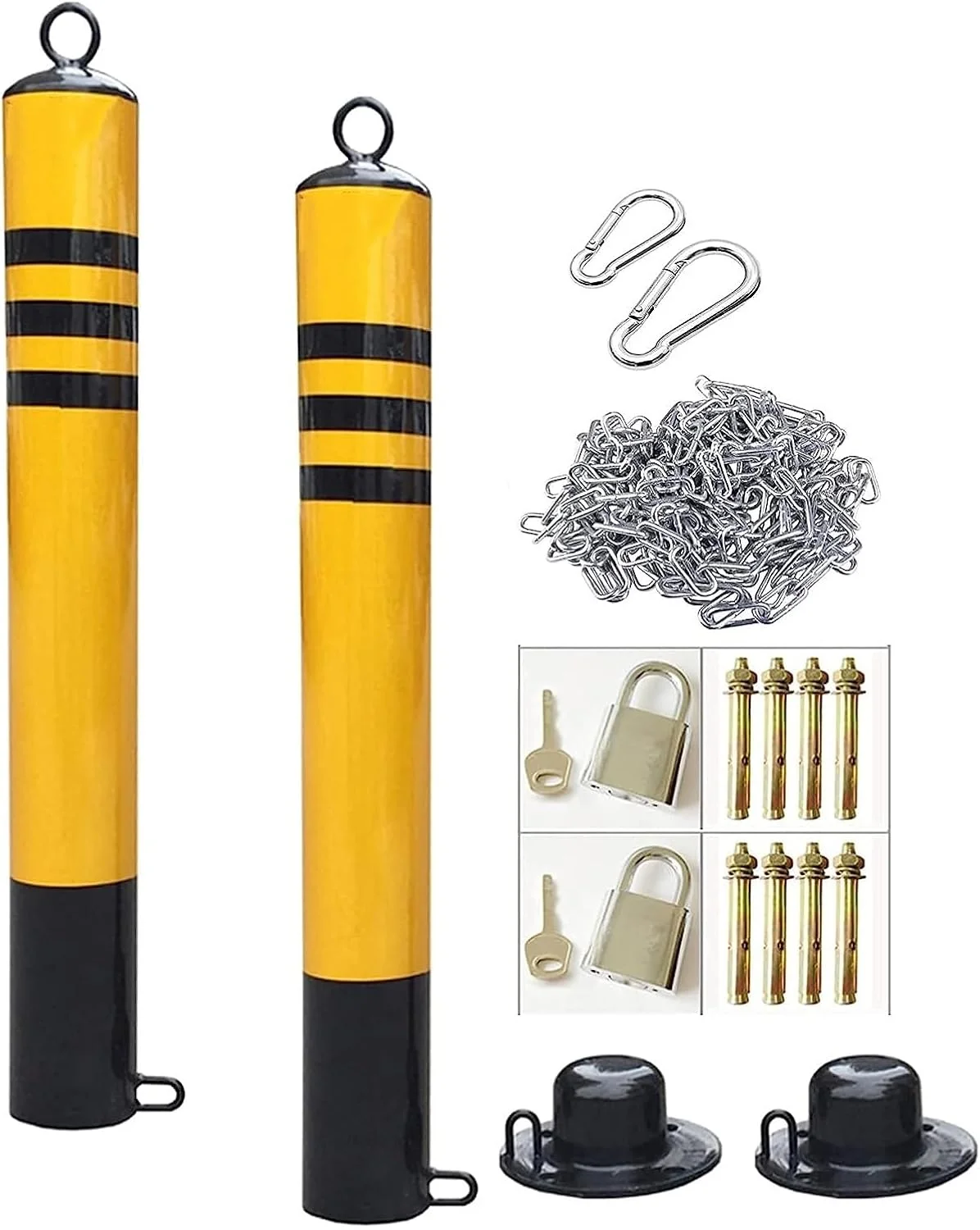 مجموعه 2 عددی موانع قفل‌دار پارکینگ، موانع میله‌ای زنجیره‌ای آهنی 5 متری با نوار بازتابنده، نصب آسان 76x800 میلی‌متر (76x800 میلی‌متر)