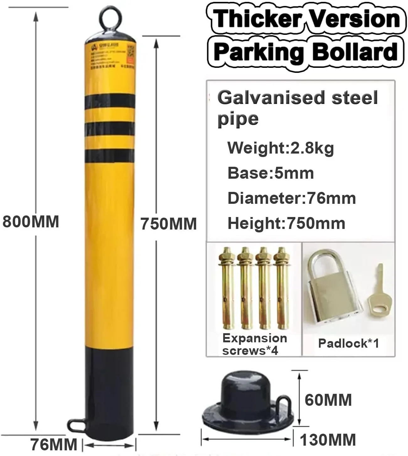 مجموعه موانع پارکینگ سنگین، میله های امنیتی، ۴ عدد میله زنجیری، علامت هشدار ترافیک برای ورودی، امنیت پارک، مانع جاده، میله پارکینگ (۷۶×۸۰۰ میلی متر)