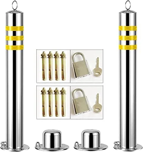 میله های پارکینگ استیل ضد زنگ، بسته 2 عددی، میله های امنیتی برای ورودی پارکینگ، نصب آسان، ستون هشدار ایمنی ضد زنگ با نوارهای بازتابنده ترافیکی (نقره ای 800x89mm/31.5x3.5in)
