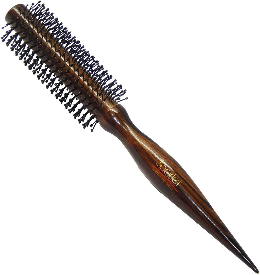 برس مو گرد چوبی ضد الکتریسیته ساکن Scarlet Line Professional با دسته چوبی نوک تیز برای تقسیم مو، مناسب برای آقایان و بانوان، قهوه ای متوسط